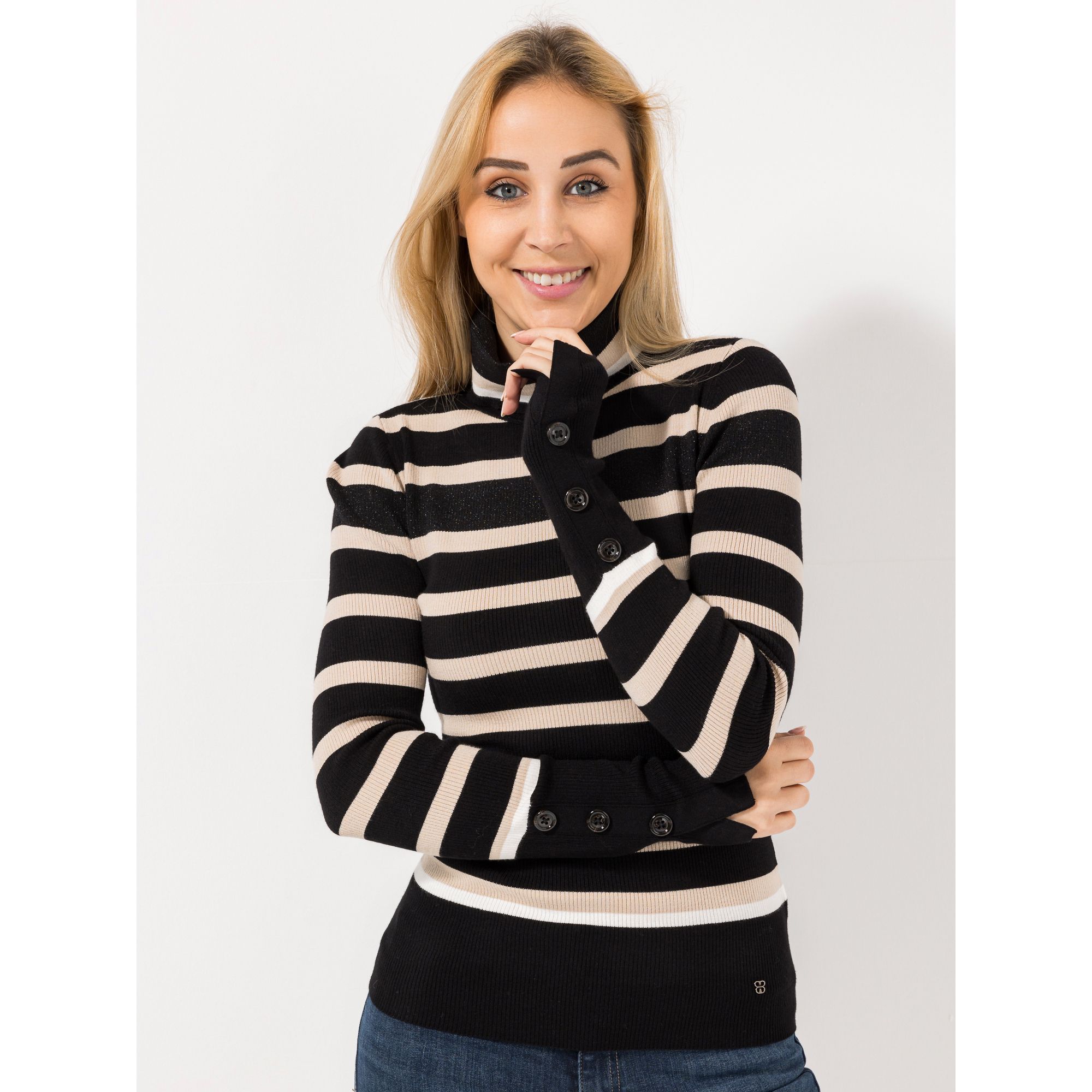 BASLER® Pullover, 1/1-Arm Rollkragen Kontraststreifen Lurex-Detail