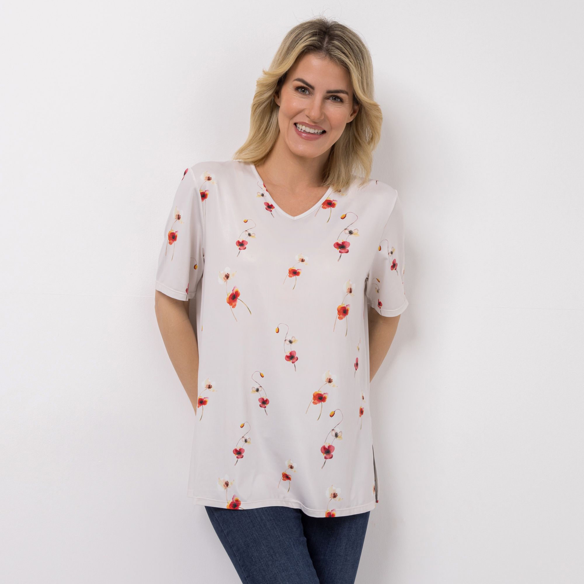 IN-PRINT Shirt, 1/2-Arm V-Ausschnitt Seitenschlitze