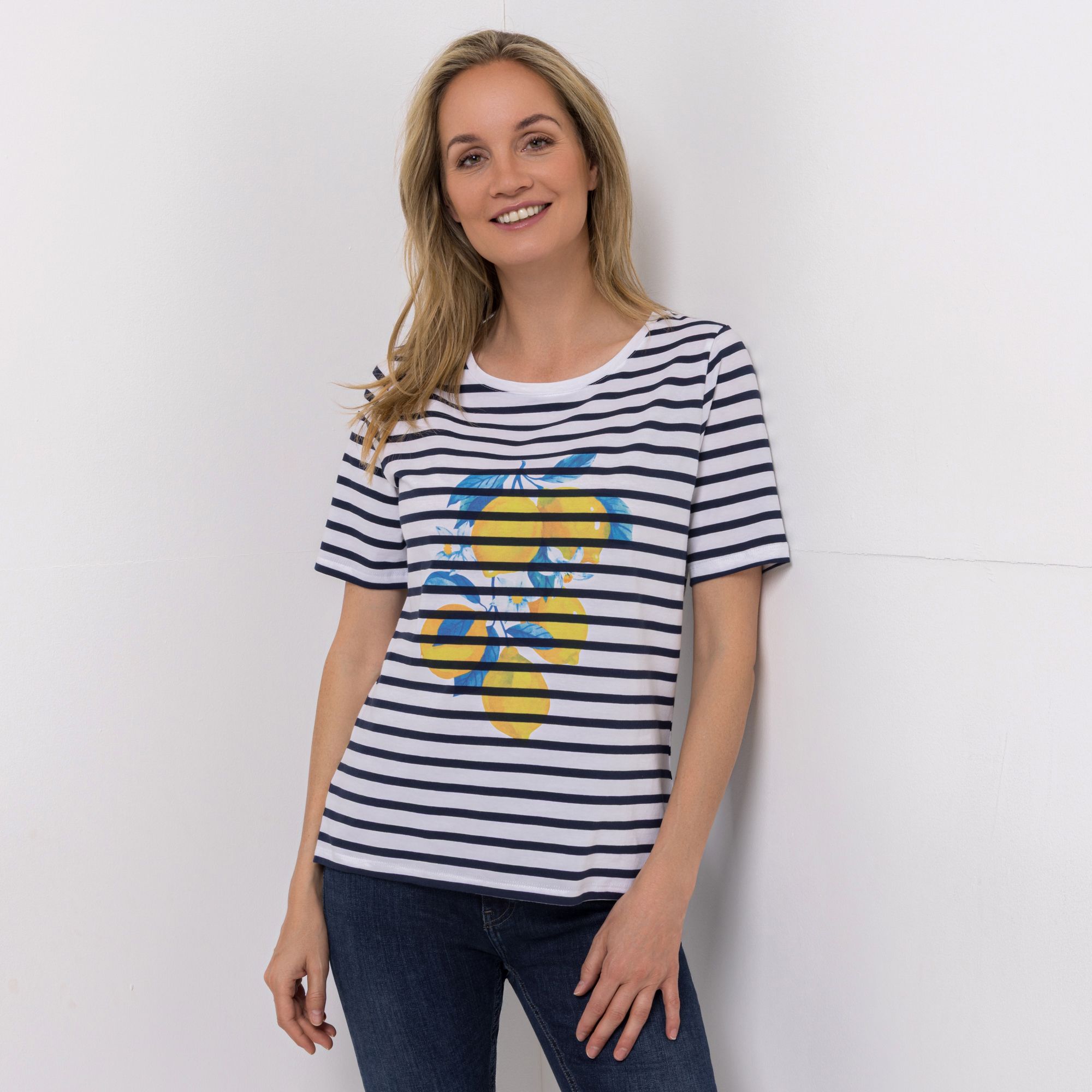 DENIM & CO. Shirt, 1/2-Arm Rundhalsausschnitt platzierter Druck figurumspielend