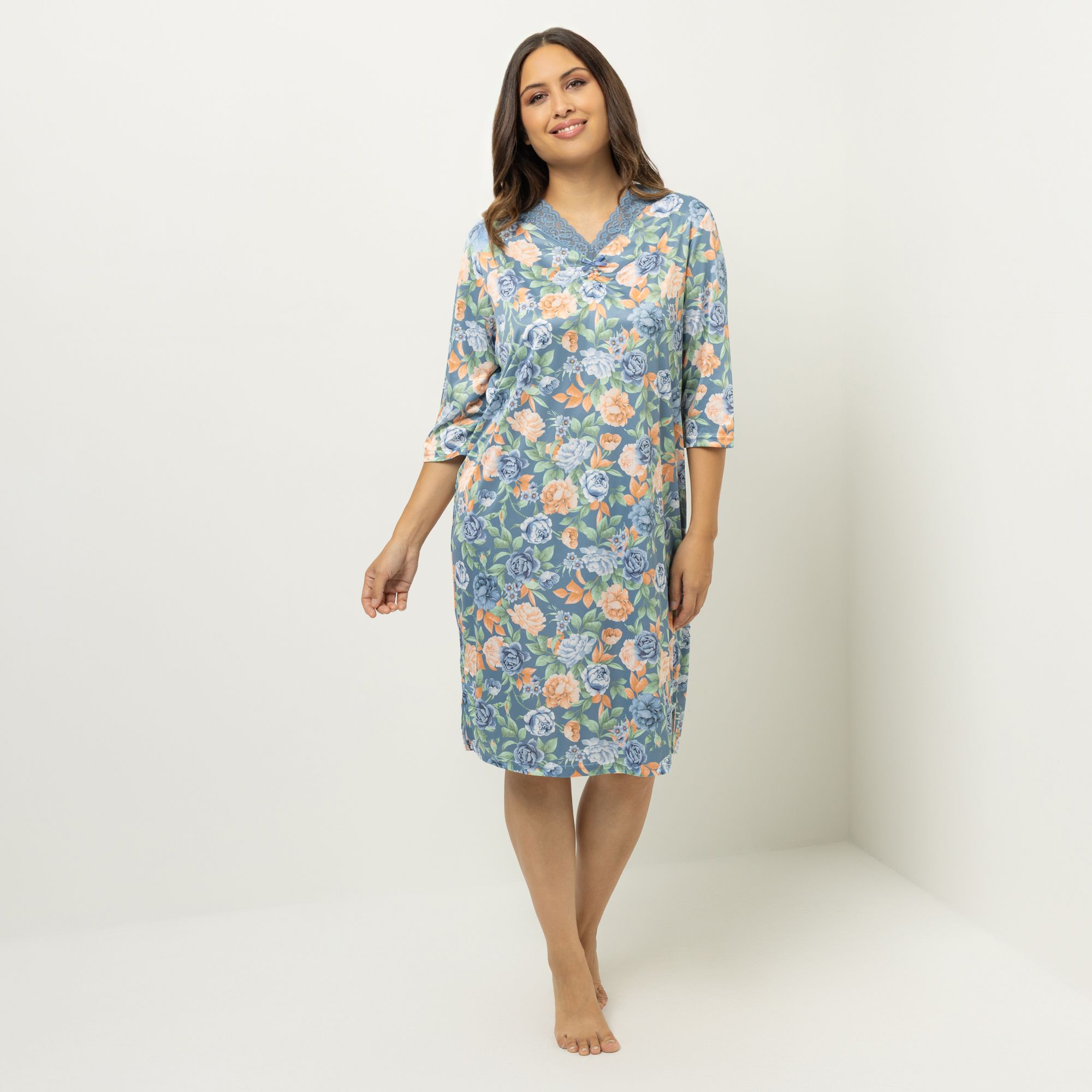 LITTLE ROSE Nachthemd, 3/4-Arm Mikrofaser runder V-Ausschnitt bedruckt