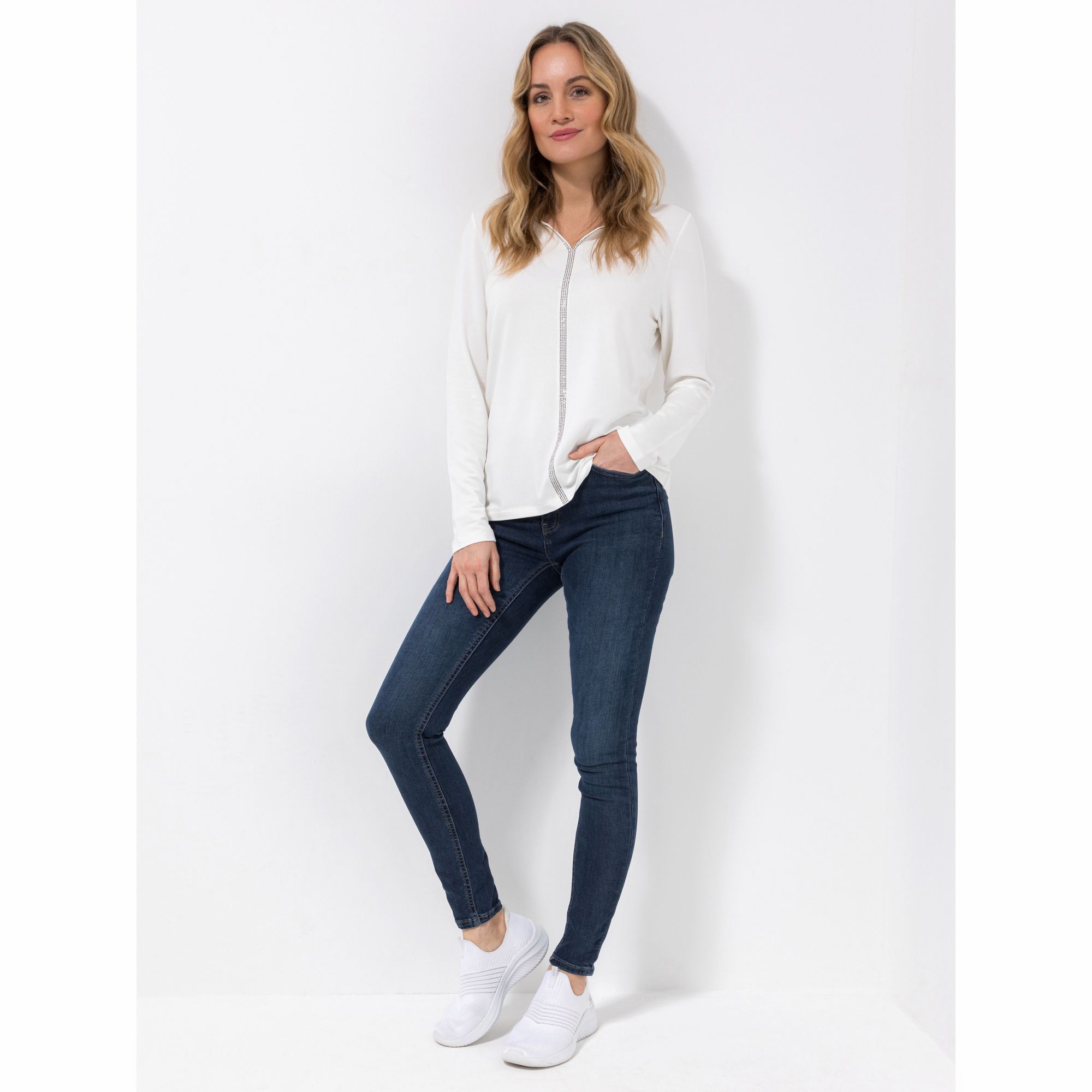 DENIM & CO. Shirt 1/1-Arm Zierausschnitt Ziernaht