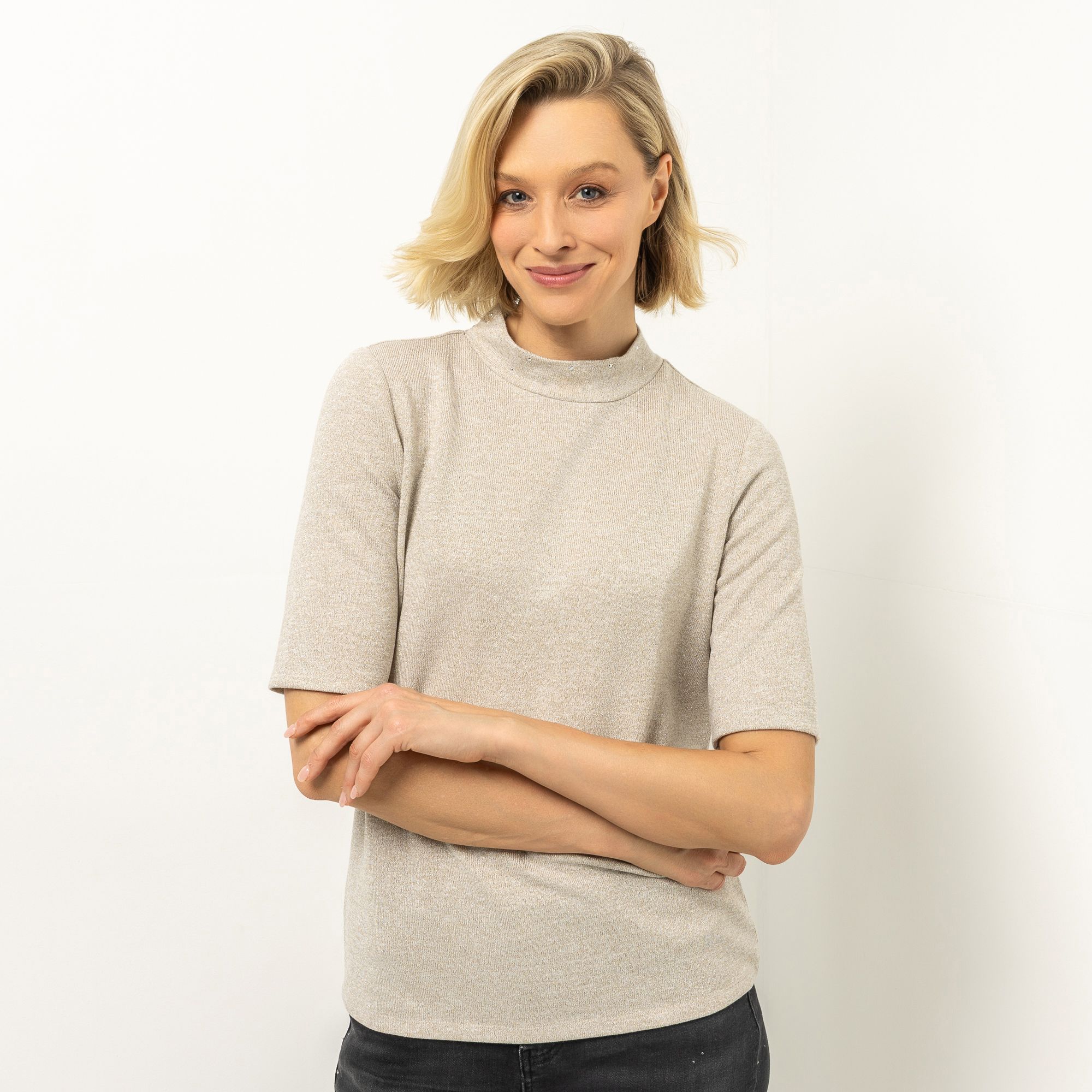 VIA MILANO Pullover langer 1/2-Arm Stehkragen mit Deko-Steinchen