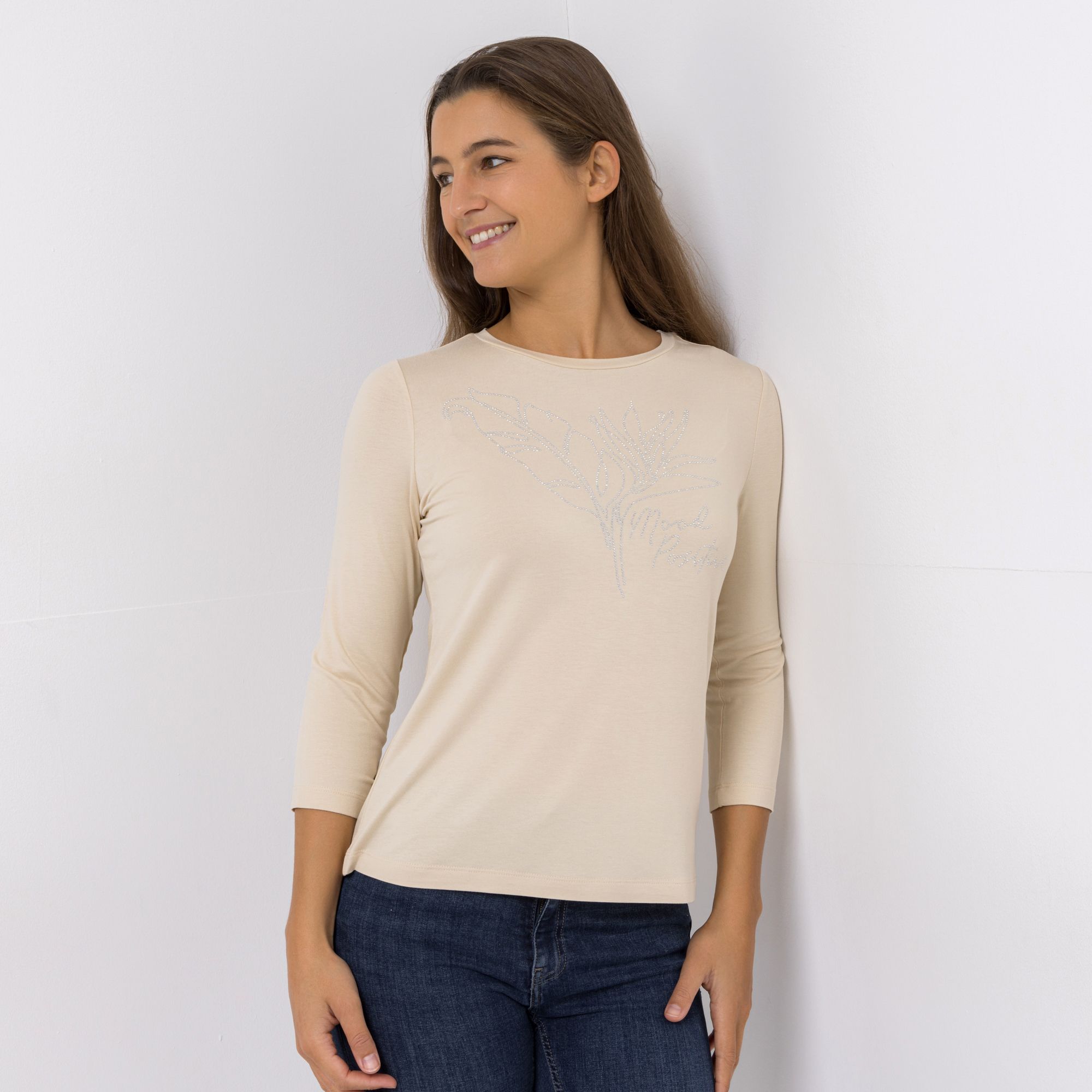 VIA MILANO Shirt, 3/4-Arm Rundhalsausschnitt Steinchen-Details figurumspielend