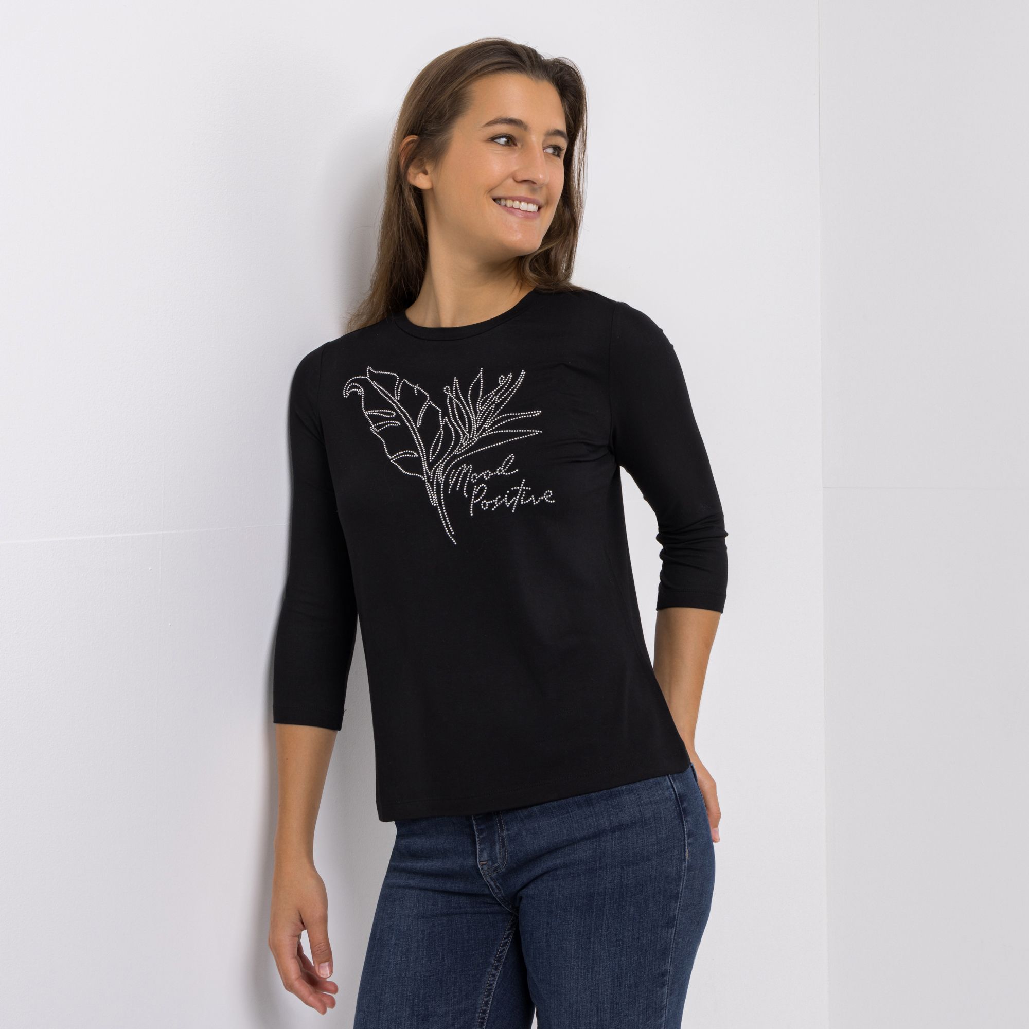 VIA MILANO Shirt, 3/4-Arm Rundhalsausschnitt Steinchen-Details figurumspielend