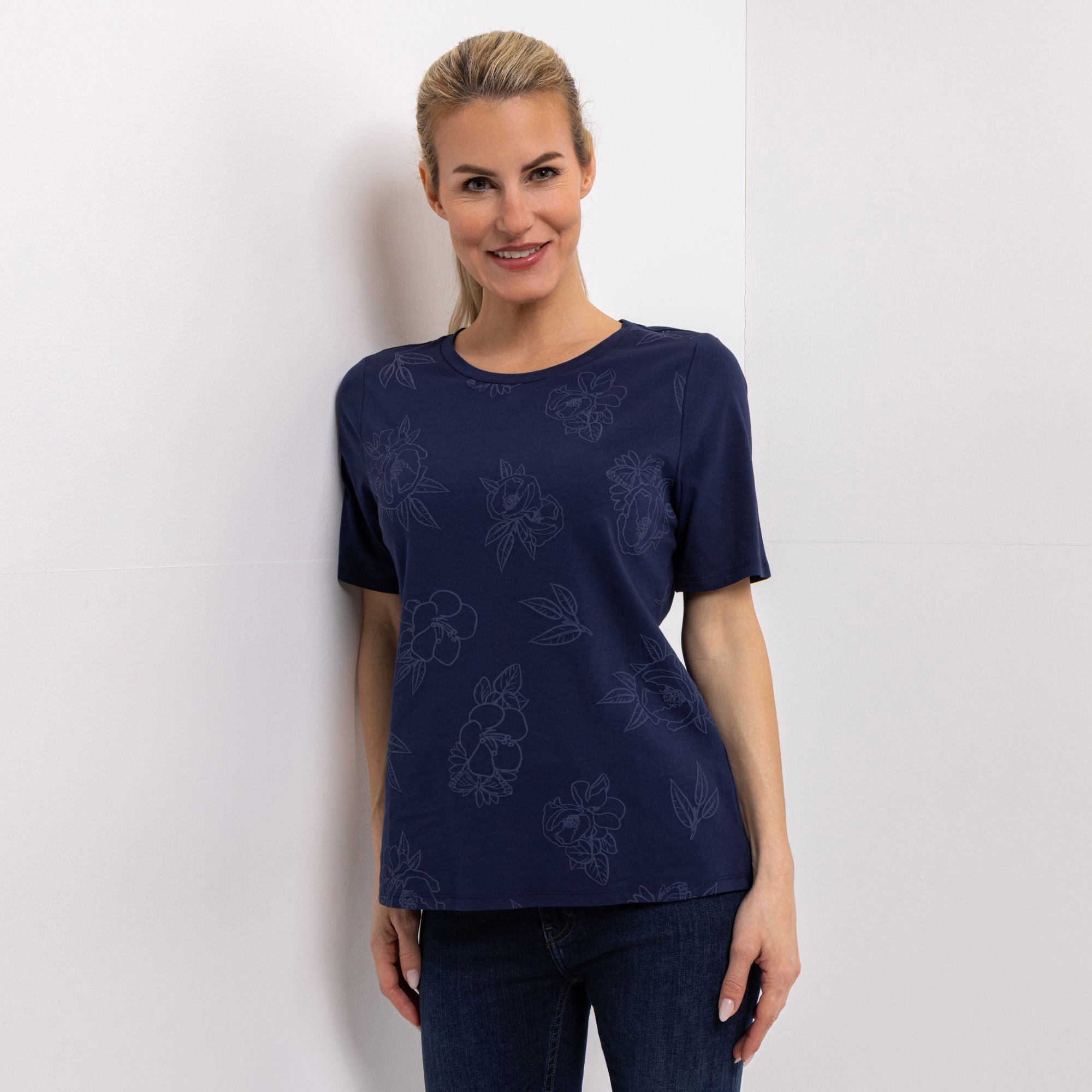 DENIM & CO. Shirt, 1/2-Arm Rundhalsausschnitt filigraner Druck figurumspielend