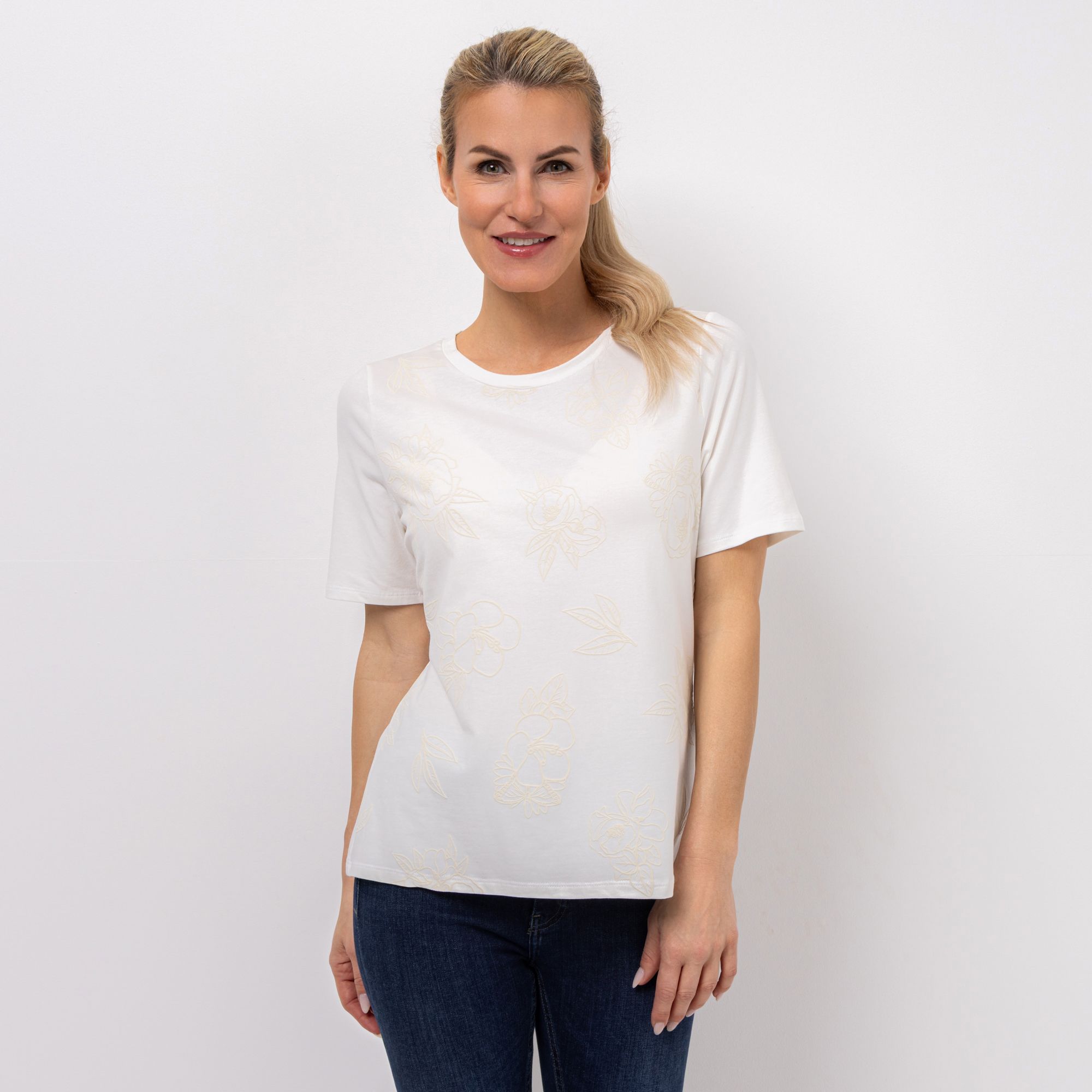 DENIM & CO. Shirt, 1/2-Arm Rundhalsausschnitt filigraner Druck figurumspielend