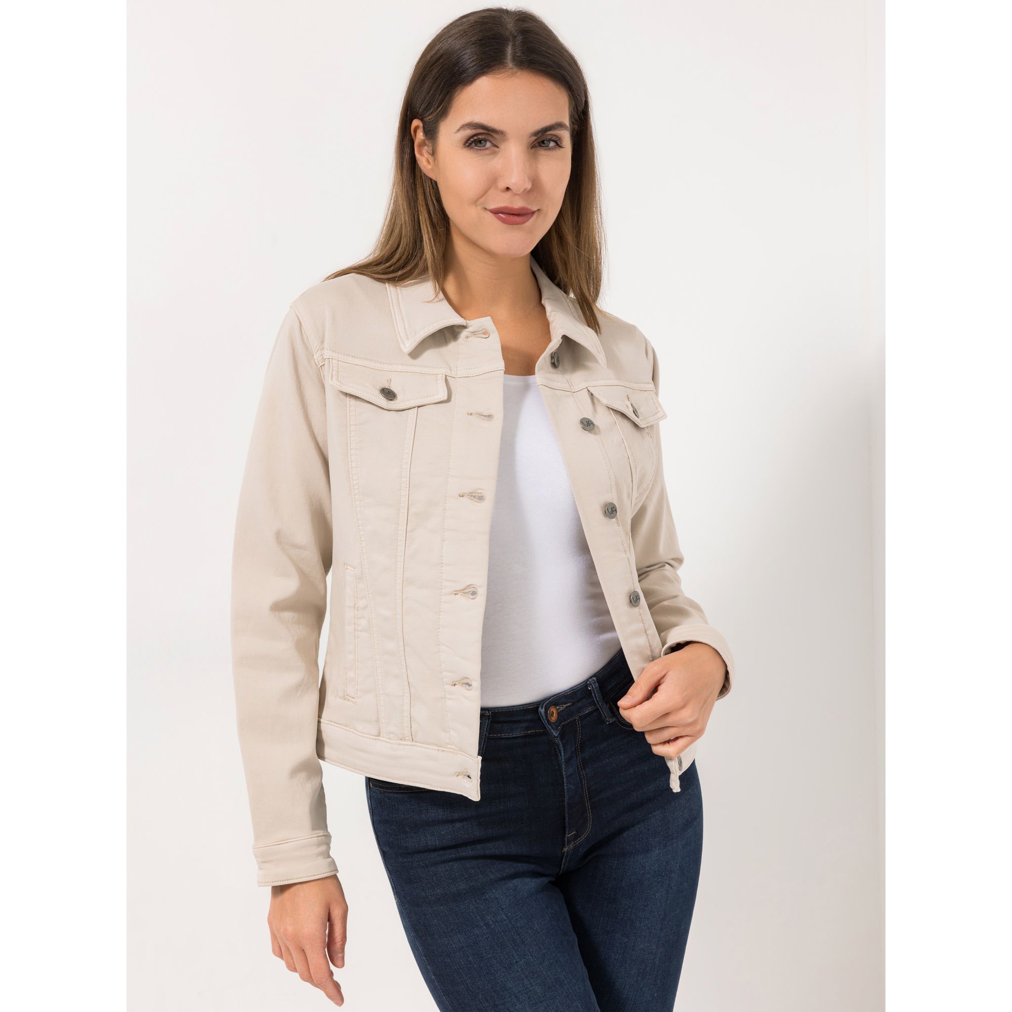 VIA MILANO Jeansjacke, 1/1-Arm Knopfleiste 2 Eingriffstaschen figurbetont