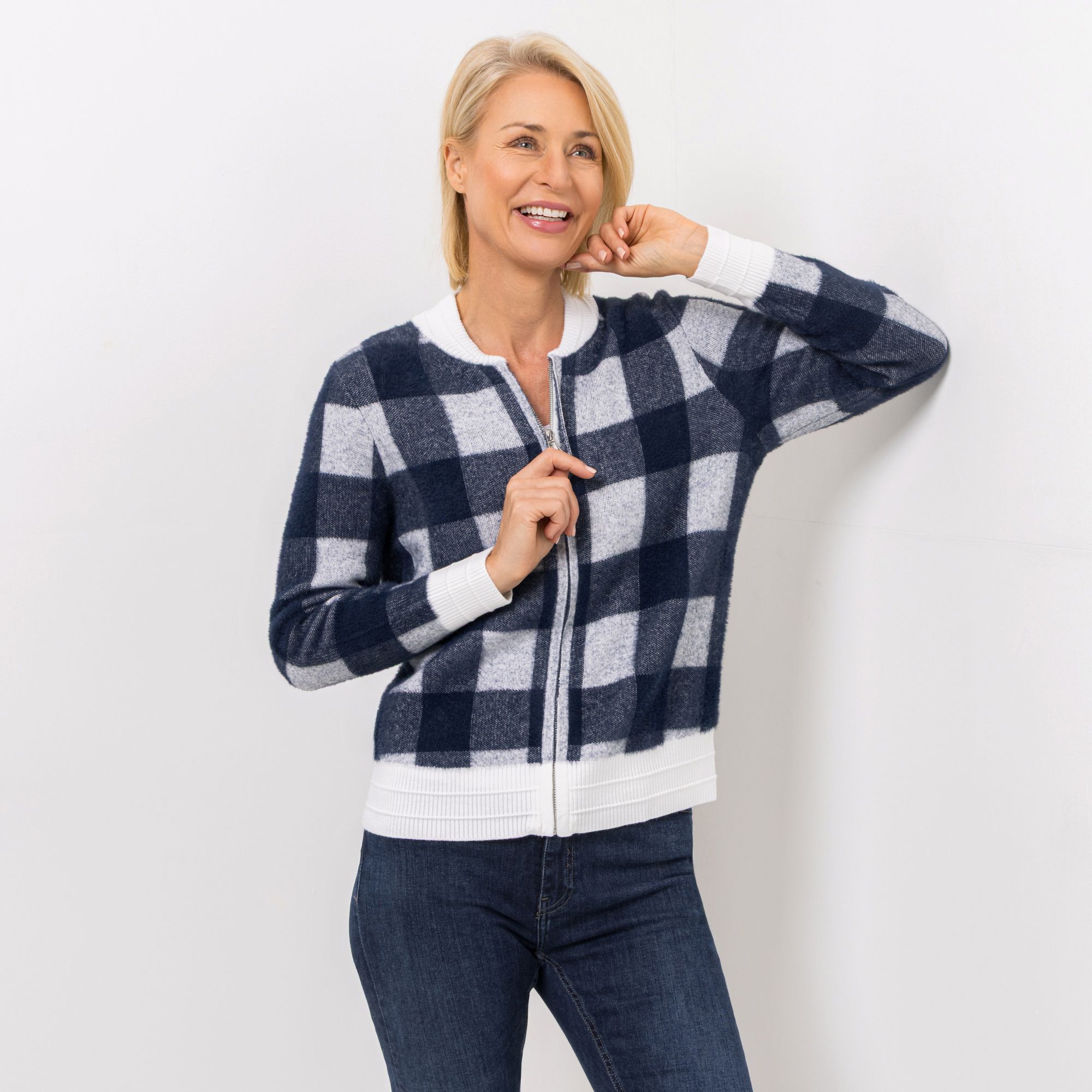 DENIM & CO. Strickjacke, langarm Rundhalsausschnitt Reißverschluss figurumspielend