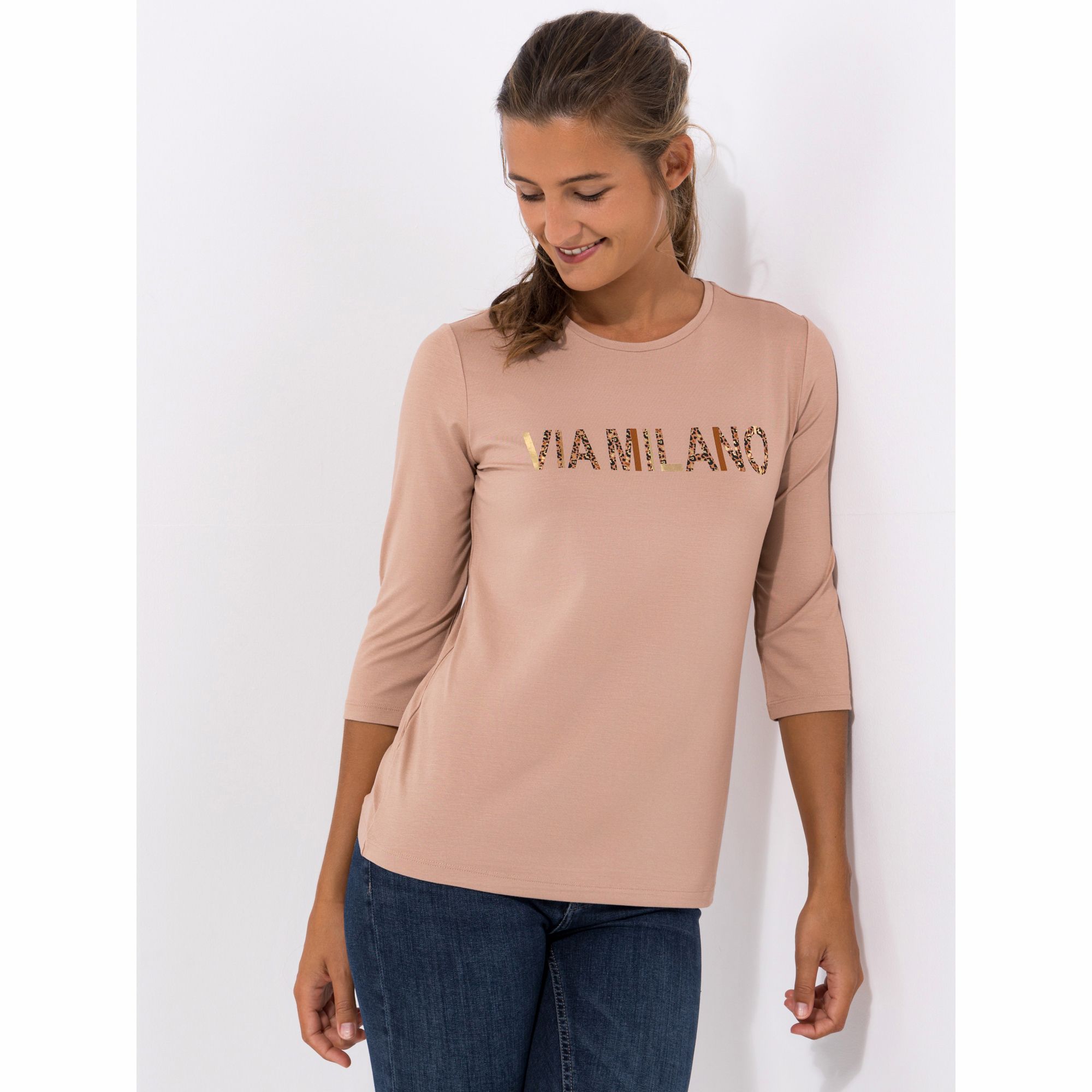 VIA MILANO Shirt, 3/4-Arm Rundhalsausschnitt Logo Schriftzug figurumspielend