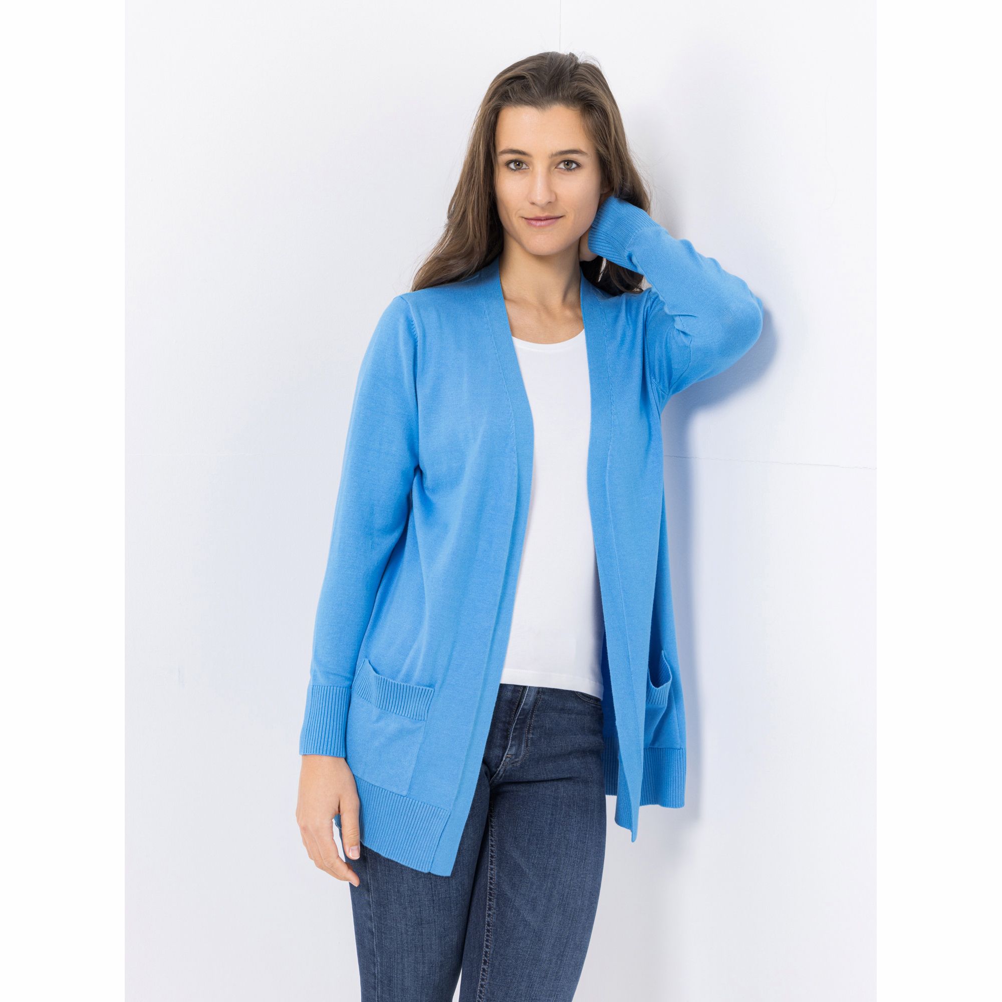 DENIM & CO. Longcardigan offene Front aufgesetzte Taschen leger weit