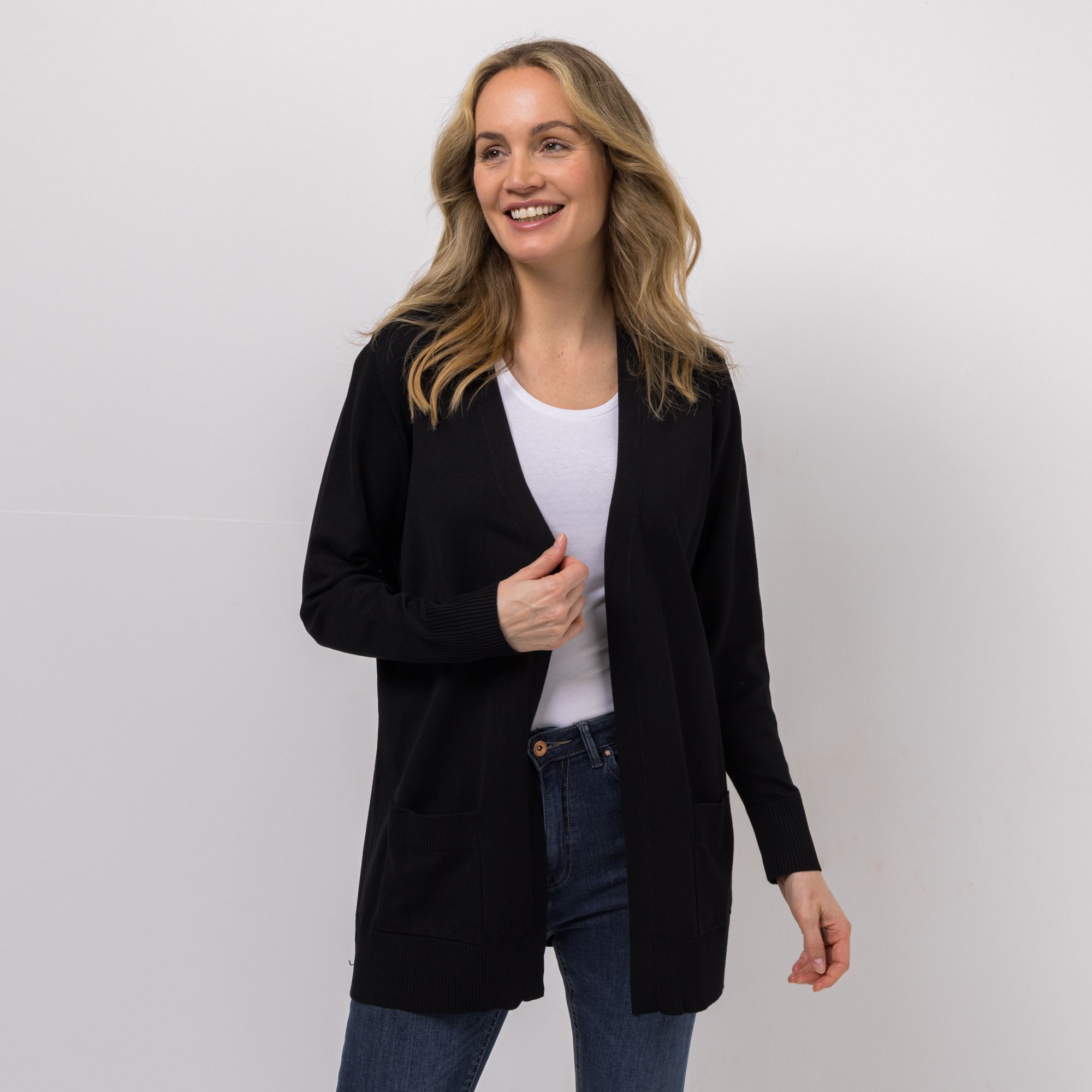 DENIM & CO. Longcardigan offene Front aufgesetzte Taschen leger weit