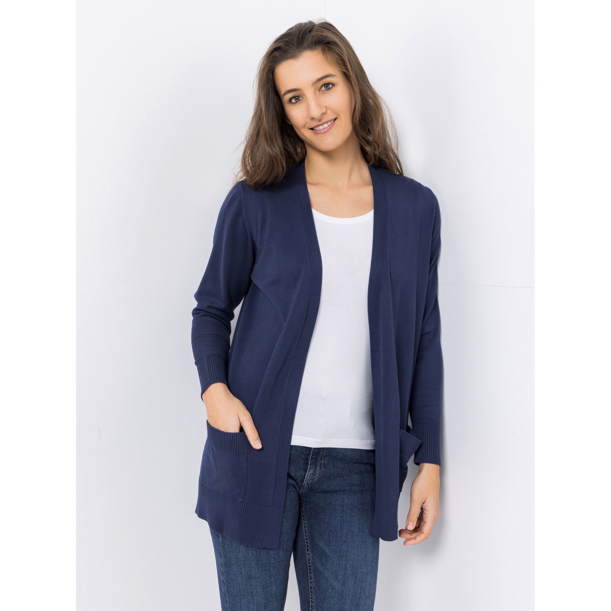 DENIM & CO. Longcardigan offene Front aufgesetzte Taschen leger weit
