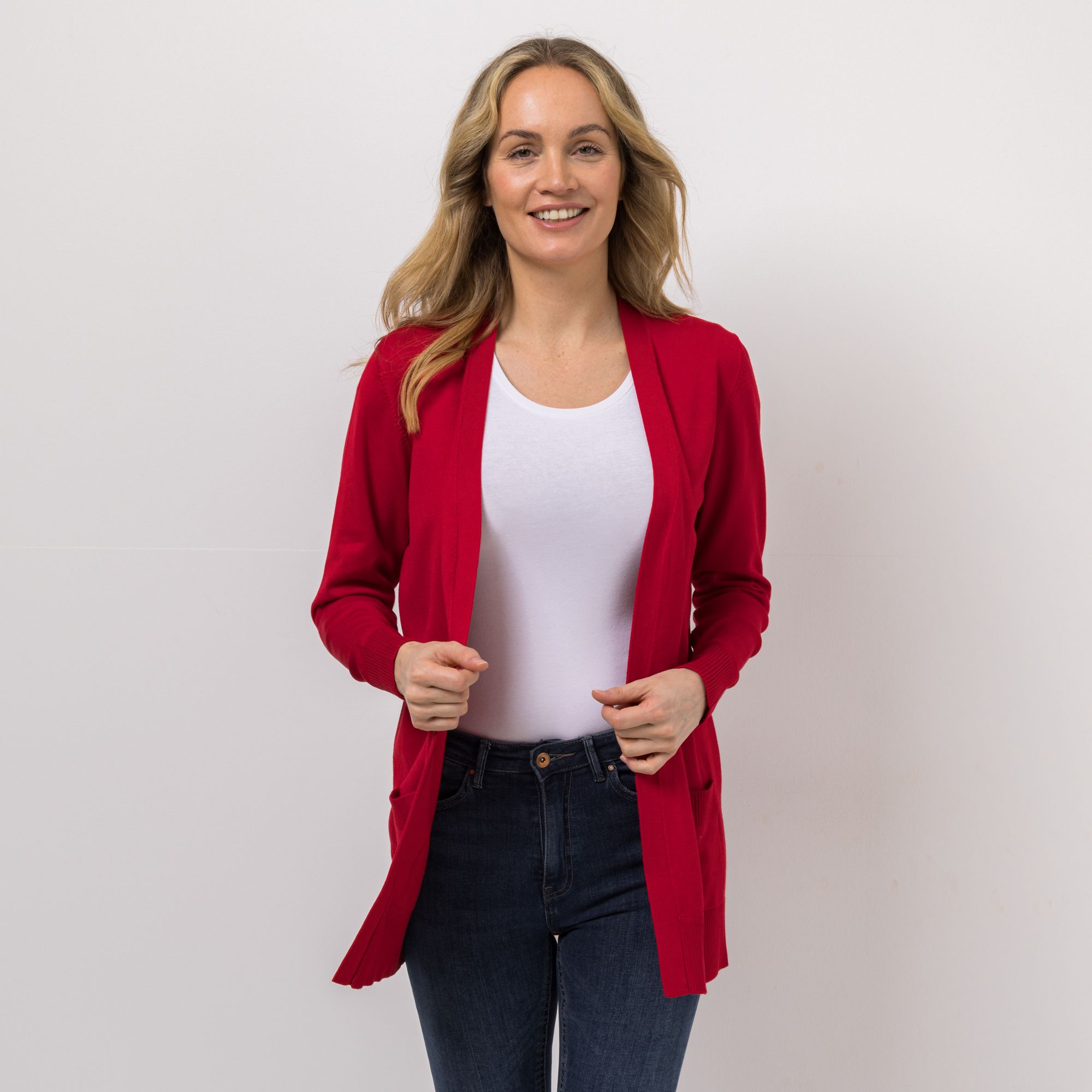 DENIM & CO. Longcardigan offene Front aufgesetzte Taschen leger weit