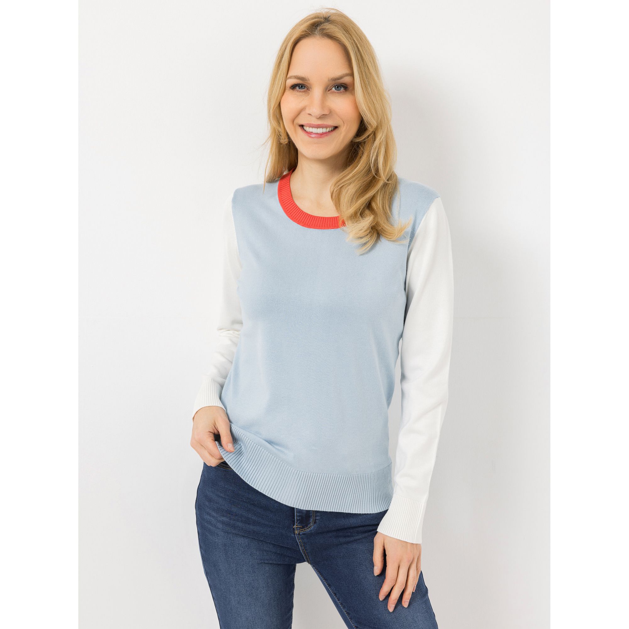 VIA MILANO Pullover, 1/1-Arm Kontrast-Details Rundhalsausschnitt figurumspielend