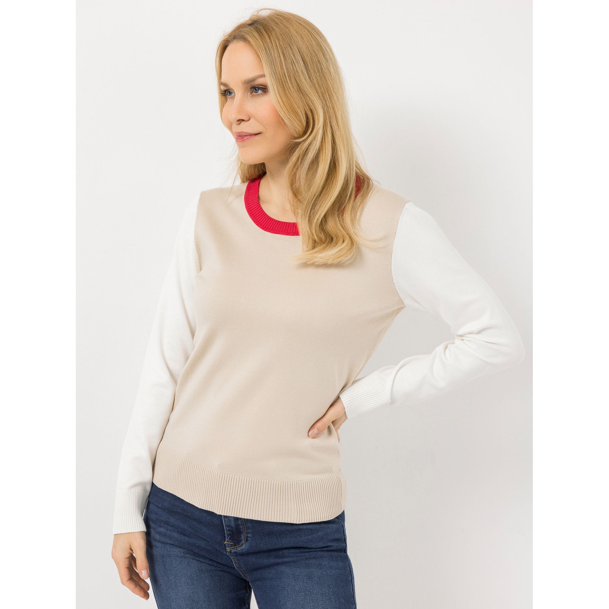 VIA MILANO Pullover, 1/1-Arm Kontrast-Details Rundhalsausschnitt figurumspielend