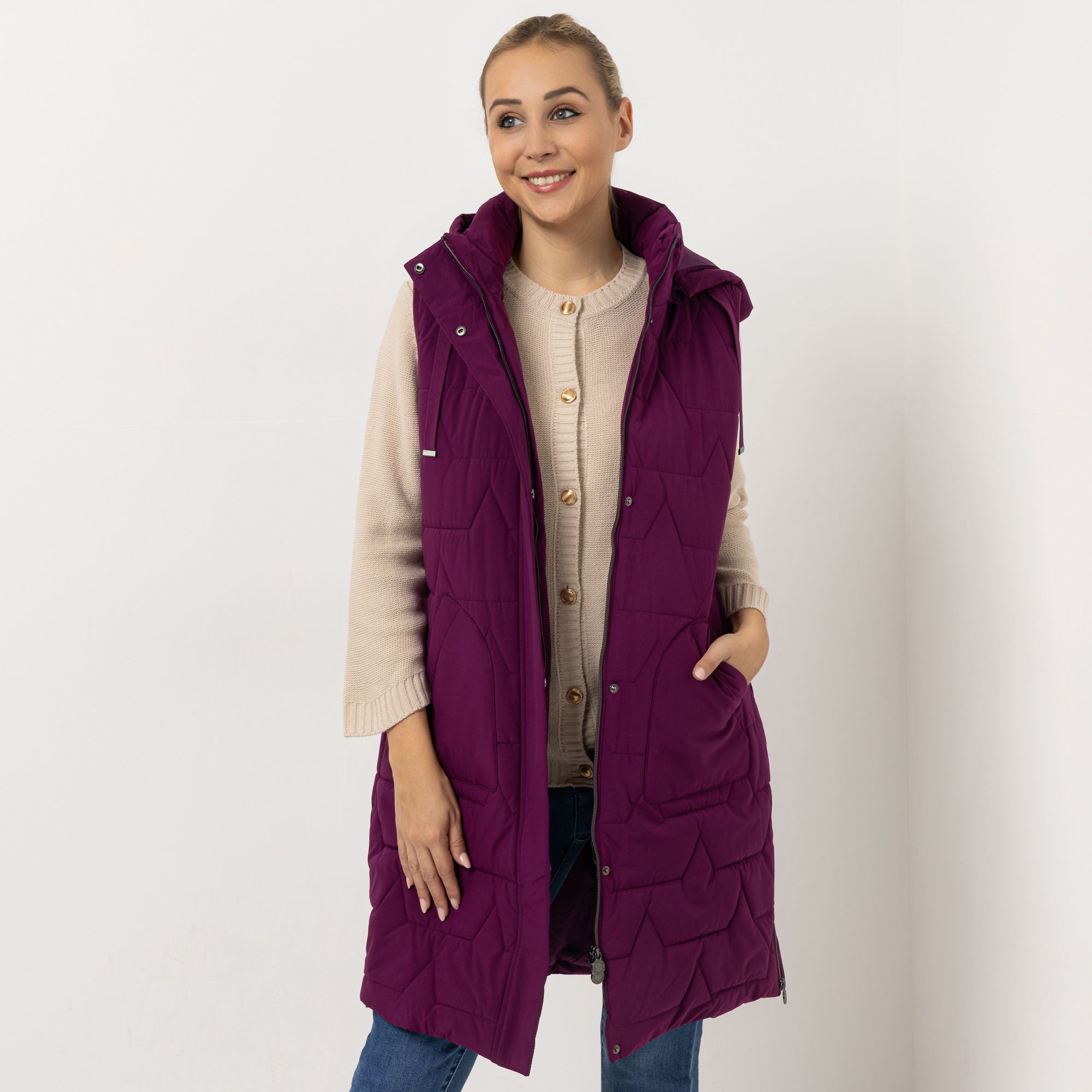 CENTIGRADE Steppweste lange Form abnehmbare Kapuze 2-Wege-Reißverschluss