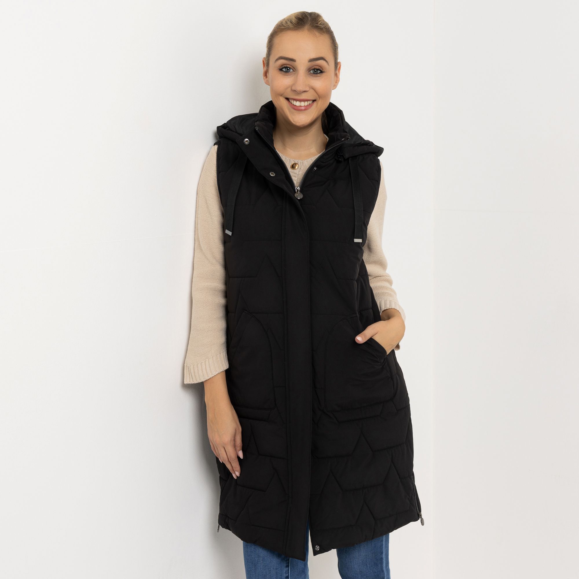 CENTIGRADE Steppweste lange Form abnehmbare Kapuze 2-Wege-Reißverschluss