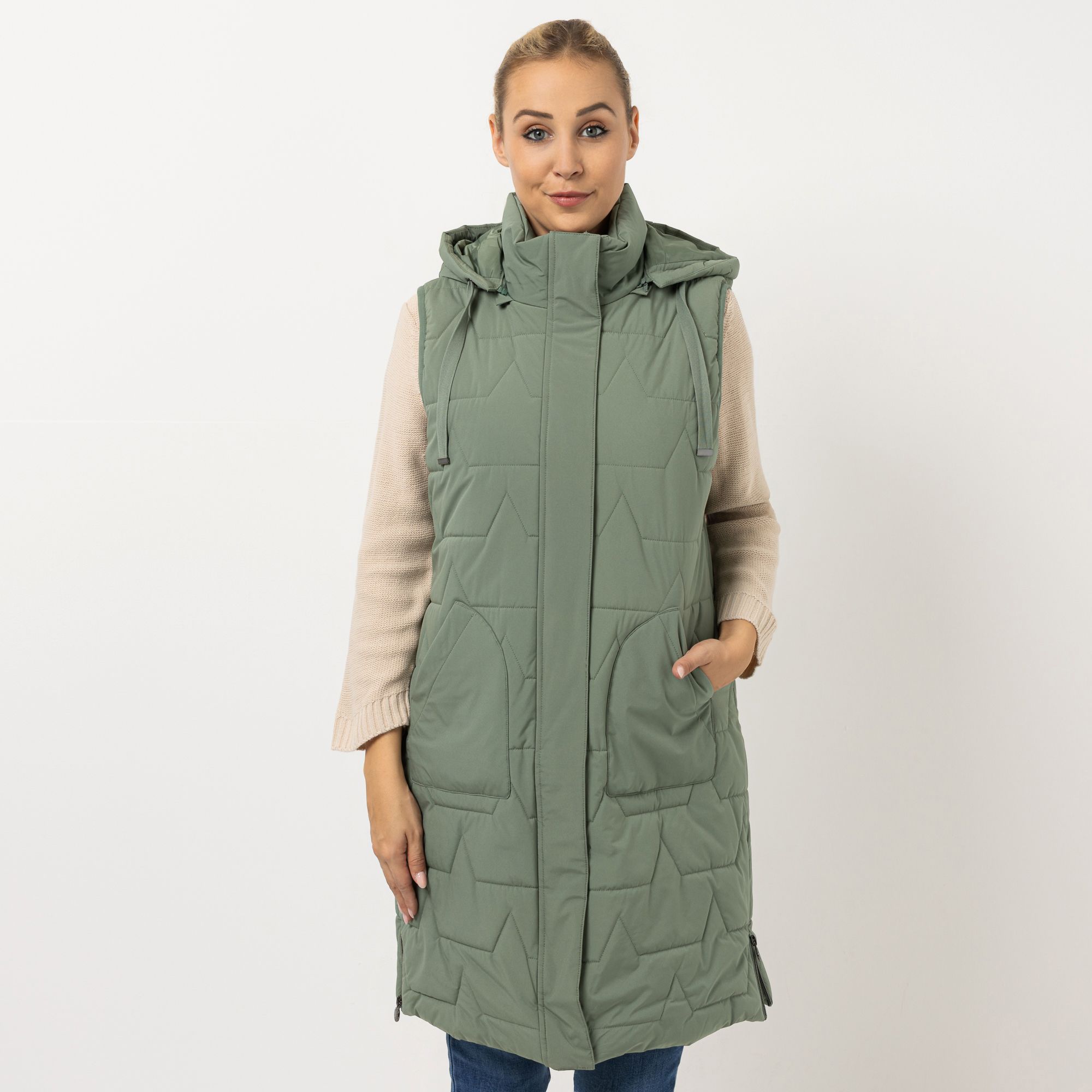 CENTIGRADE Steppweste lange Form abnehmbare Kapuze 2-Wege-Reißverschluss