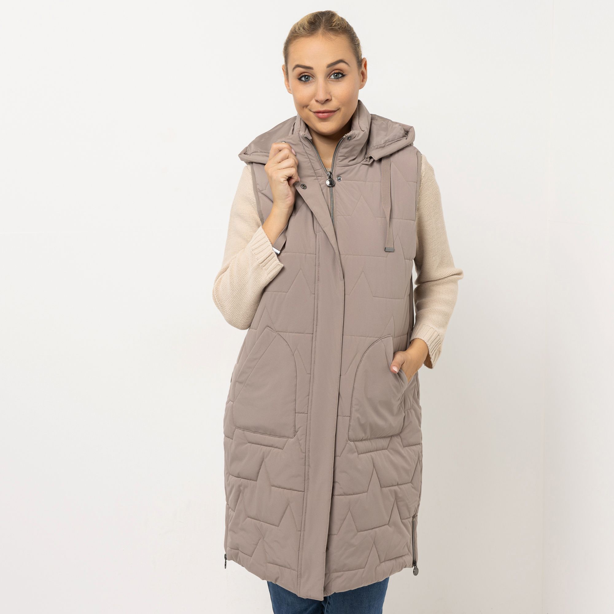 CENTIGRADE Steppweste lange Form abnehmbare Kapuze 2-Wege-Reißverschluss