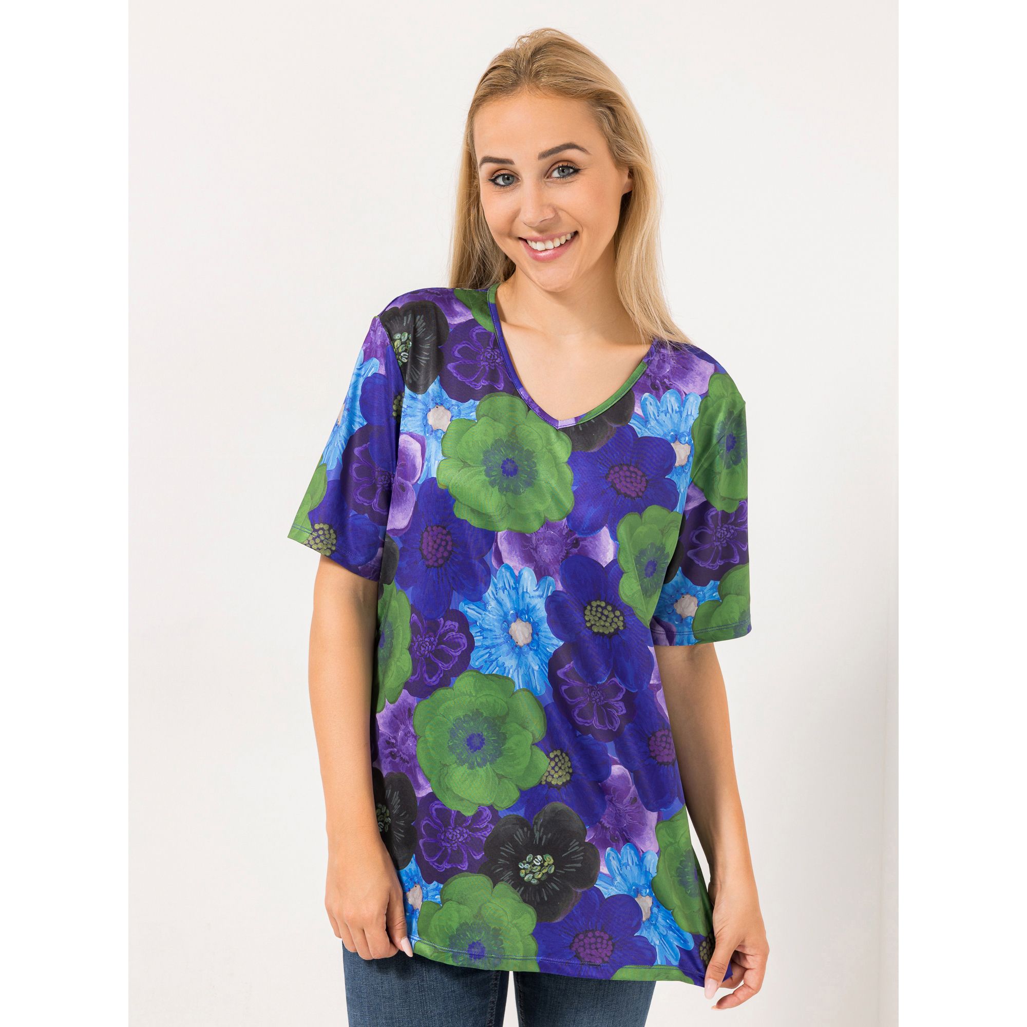 IN-PRINT Shirt, 1/2-Arm V-Ausschnitt Seitenschlitze Blütendruck