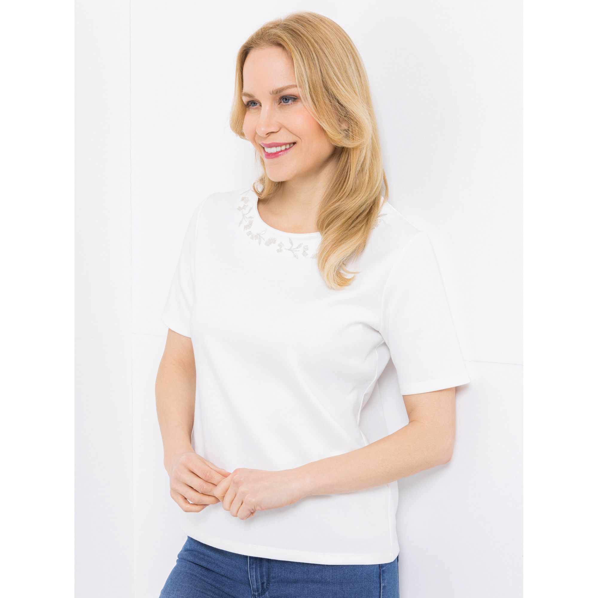 VIA MILANO Shirt, 1/2-Arm Rundhalsausschnitt Schmuck-Details figurumspielend