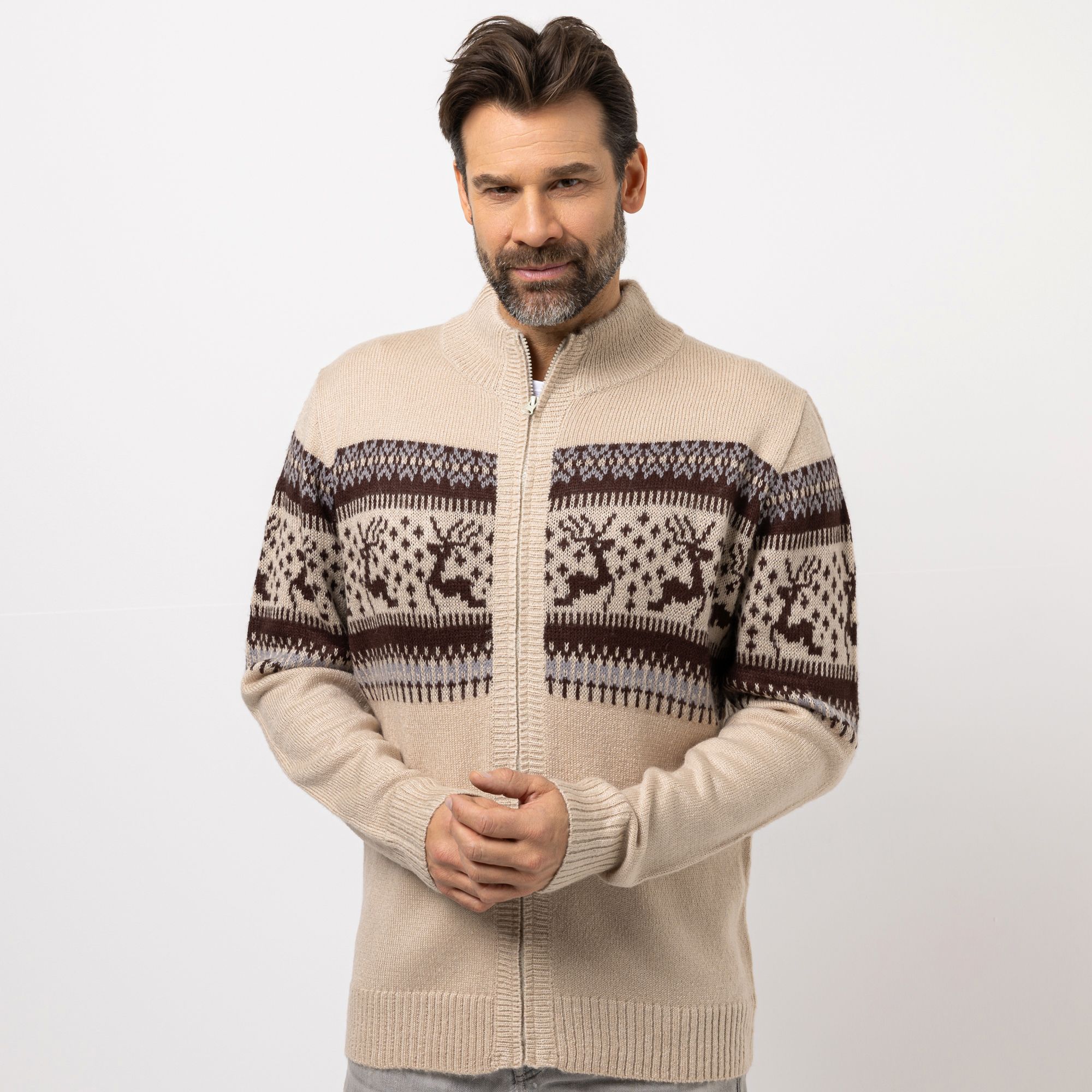 CASHMASOFT Herren Cardigan Stehkragen Cashmeregriff Jacquard