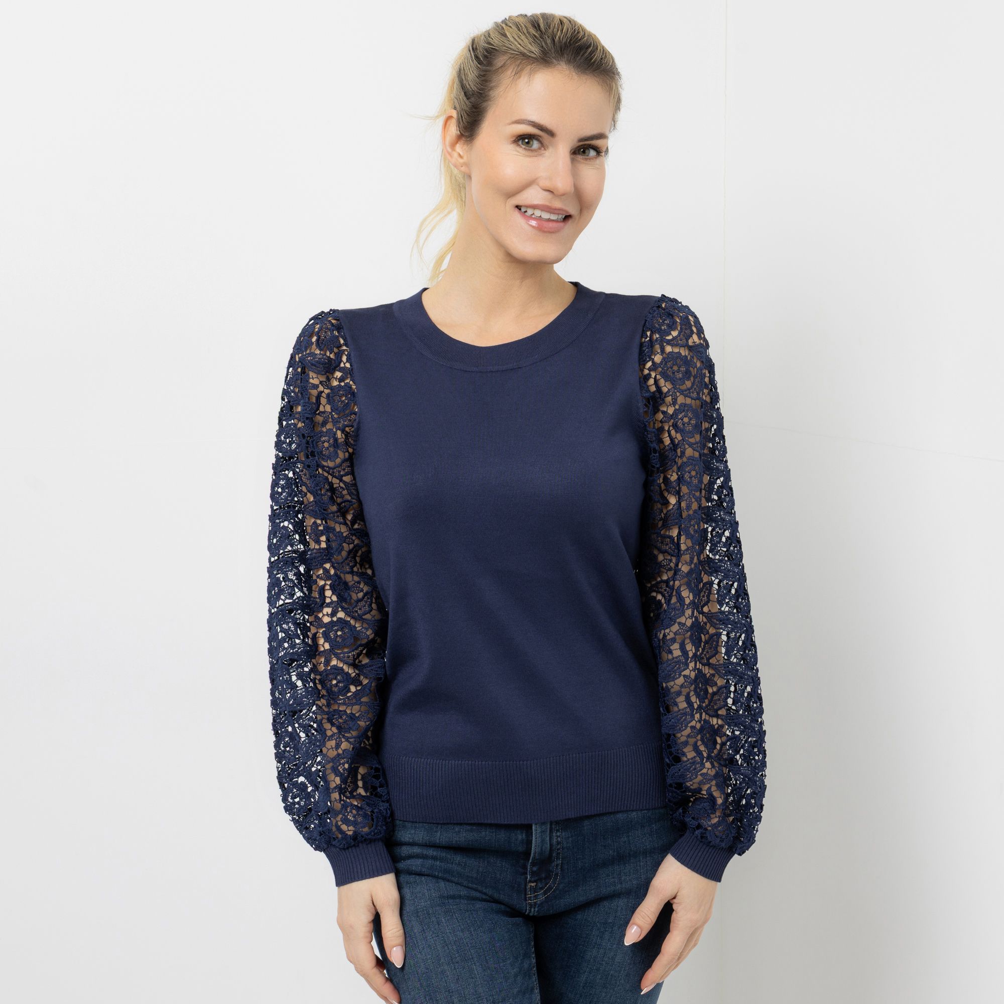 VIA MILANO Pullover, 1/1-Arm Rundhalsausschnitt Spitzenärmel figurbetont