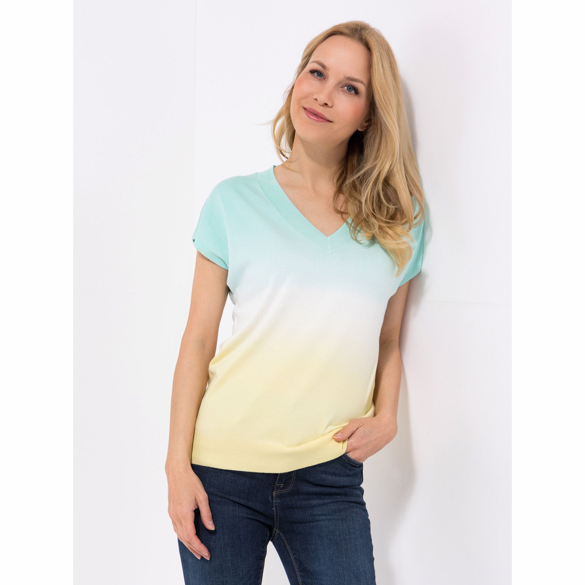 DENIM & CO. Pullover, 1/2-Arm V-Ausschnitt Rippenbundabschluss Dip-Dye