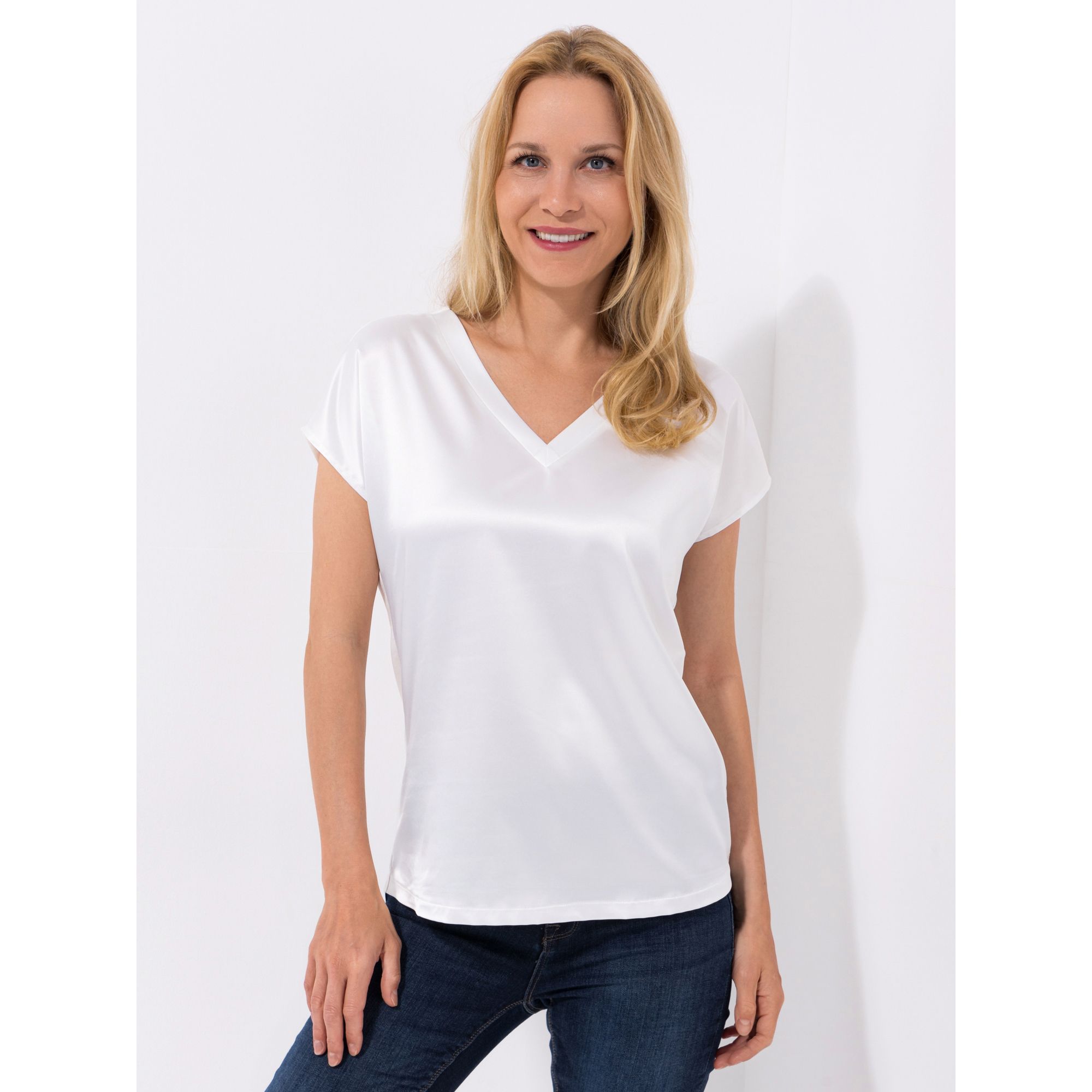 VIA MILANO Blusenshirt V-Ausschnitt Materialmix leger weit