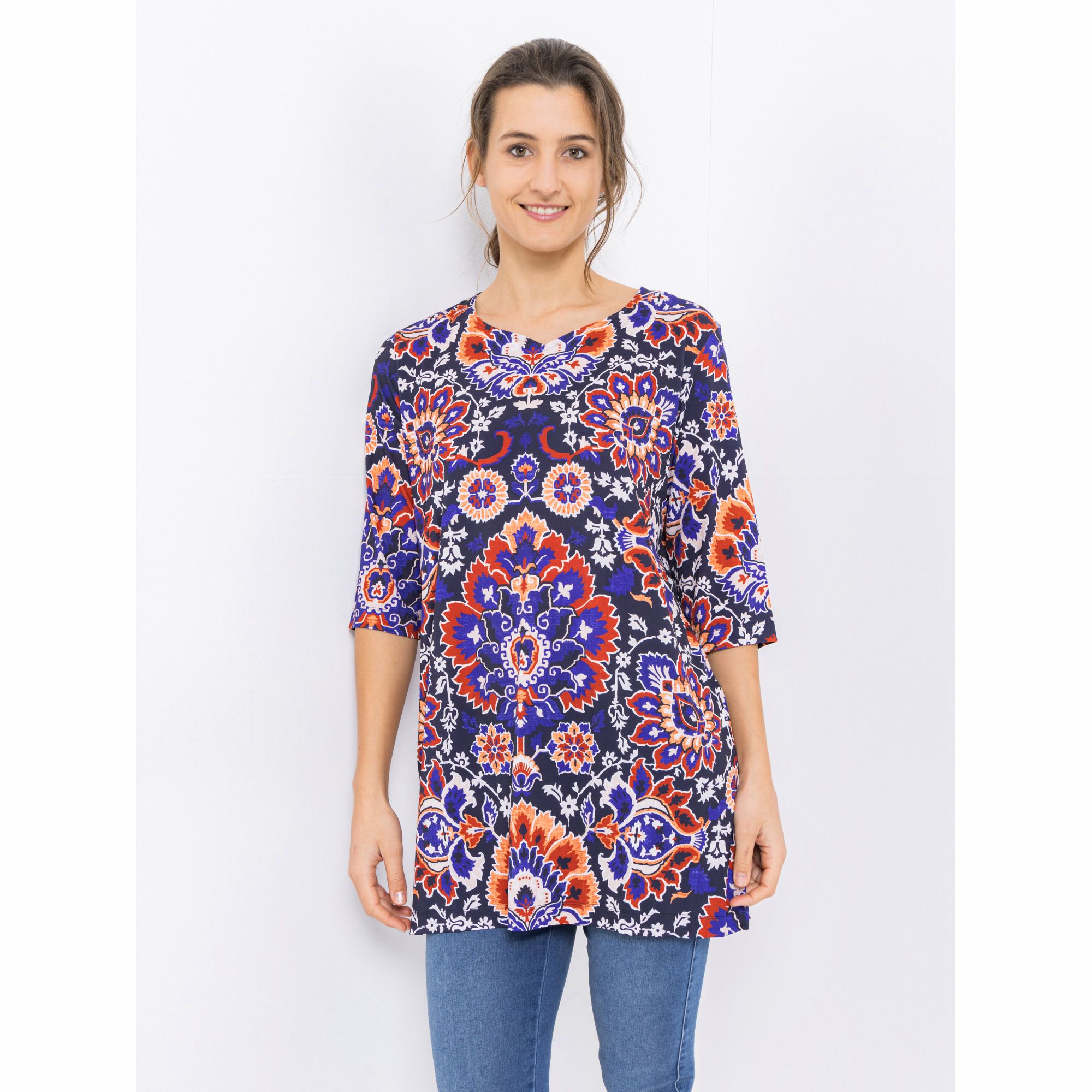 IN-PRINT Tunika, 3/4-Arm Herzausschnitt Seitenschlitze Allover-Druck