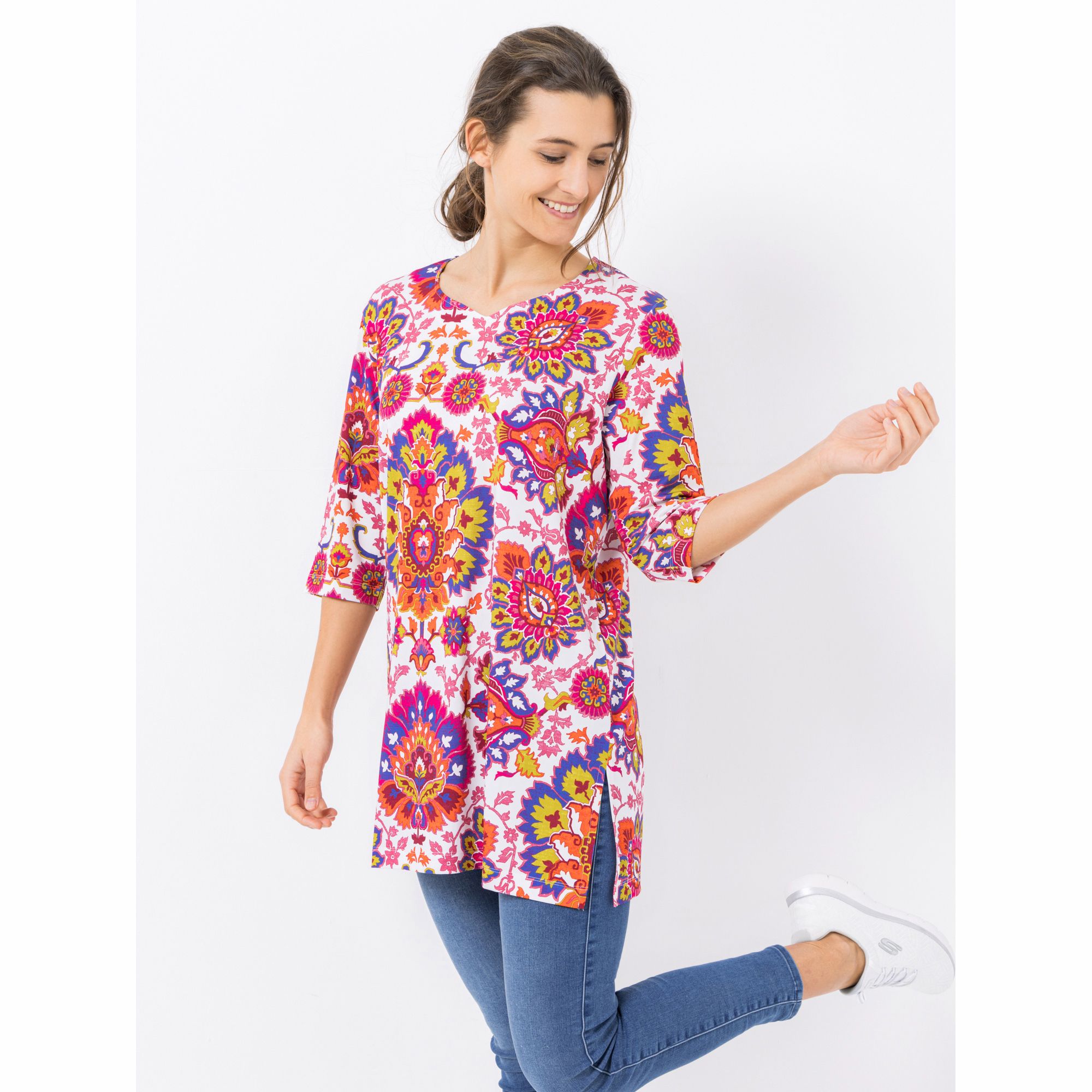IN-PRINT Tunika, 3/4-Arm Herzausschnitt Seitenschlitze Allover-Druck