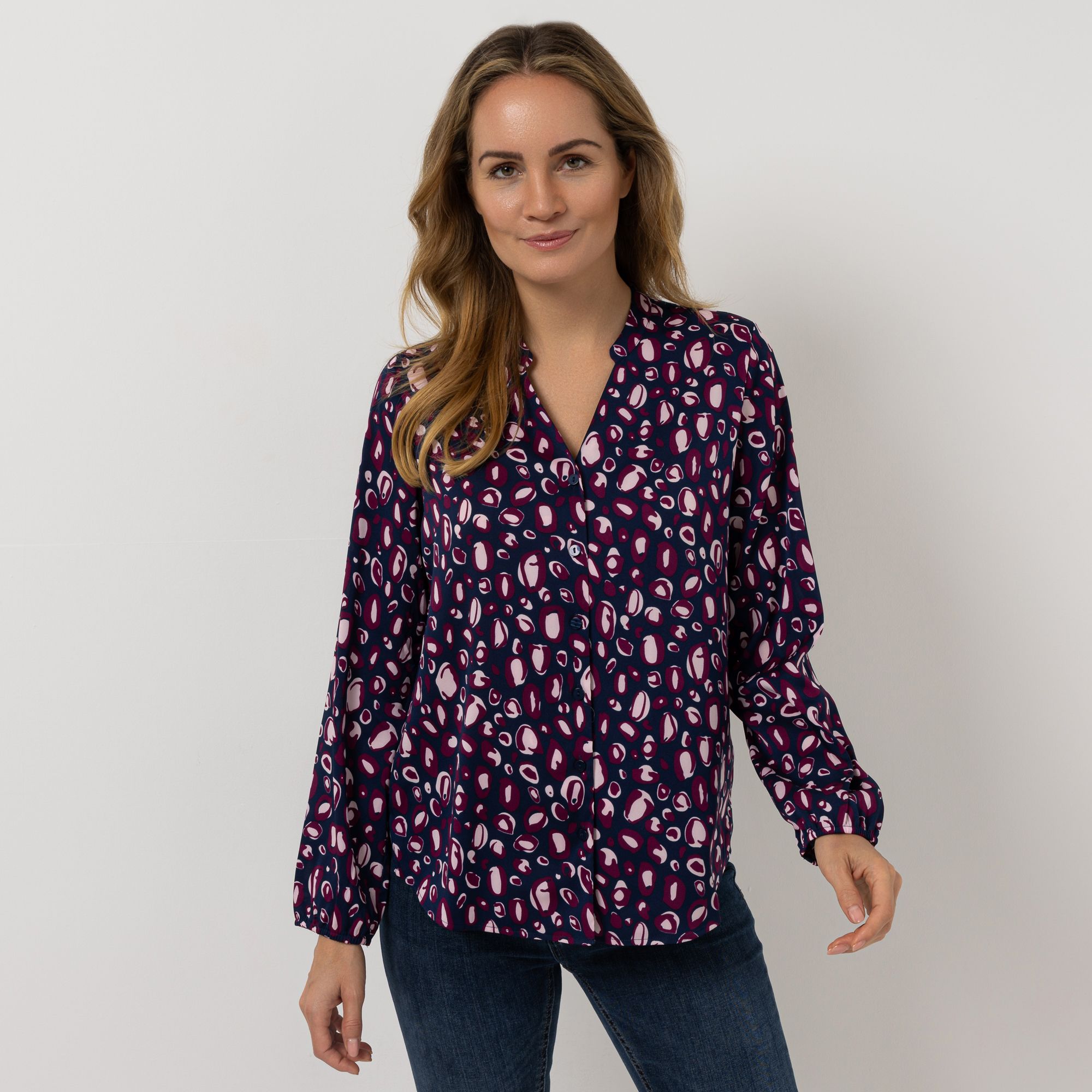 VIA MILANO Bluse, 1/1-Arm V-Ausschnitt Knopfleiste figurumspielend