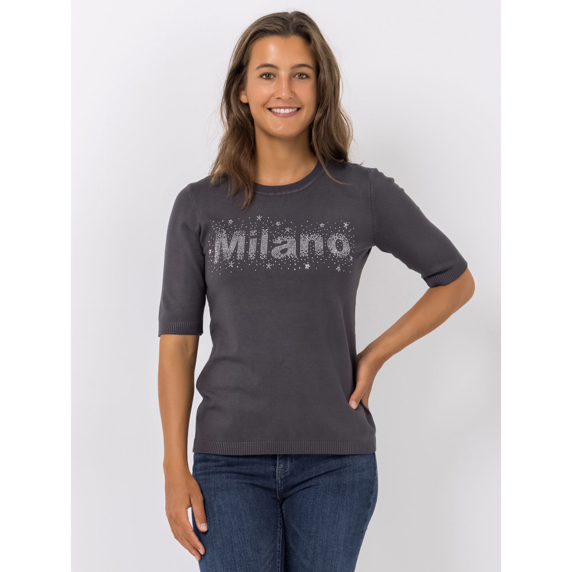 VIA MILANO Pullover, 1/2-Arm Rundhalsausschnitt Strass-Details figurumspielend
