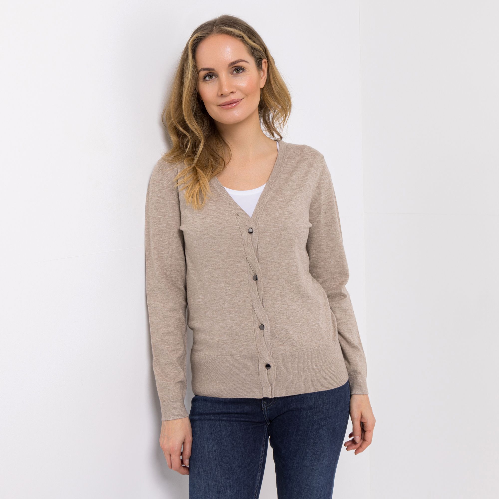 VIA MILANO Strickjacke, 1/1-Arm V-Ausschnitt Deko-Knopfleiste figurumspielend