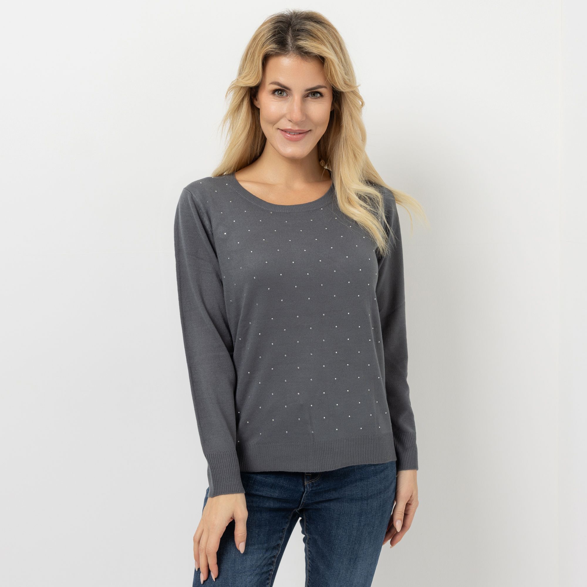 CASHMASOFT Pullover Rundhalsausschnitt Rippbundabschlüsse Strassstein-Design