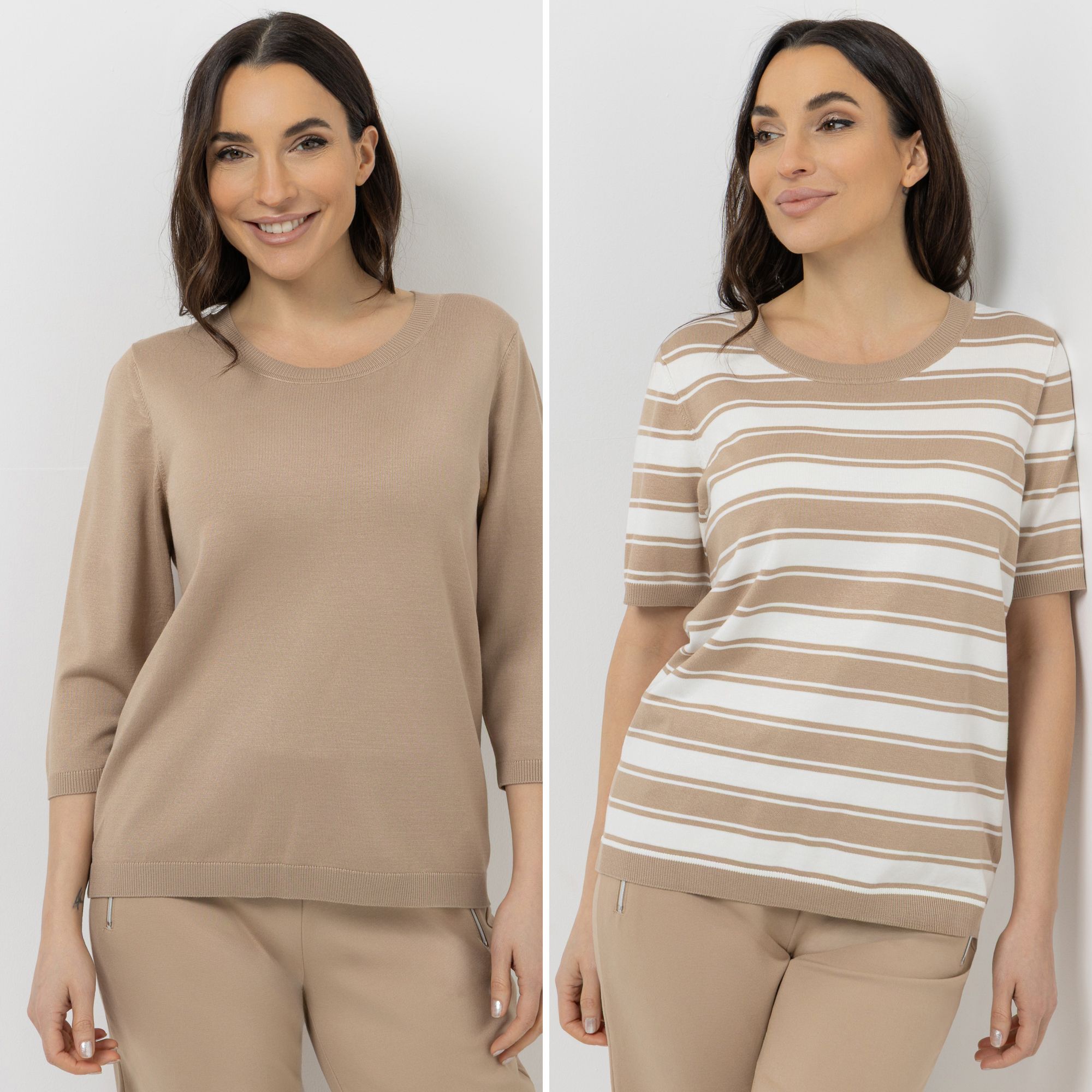 DENIM & CO. Doppelpack Pullover 3/4-Arm & 1/2-Arm uni & gestreift figurumspielend