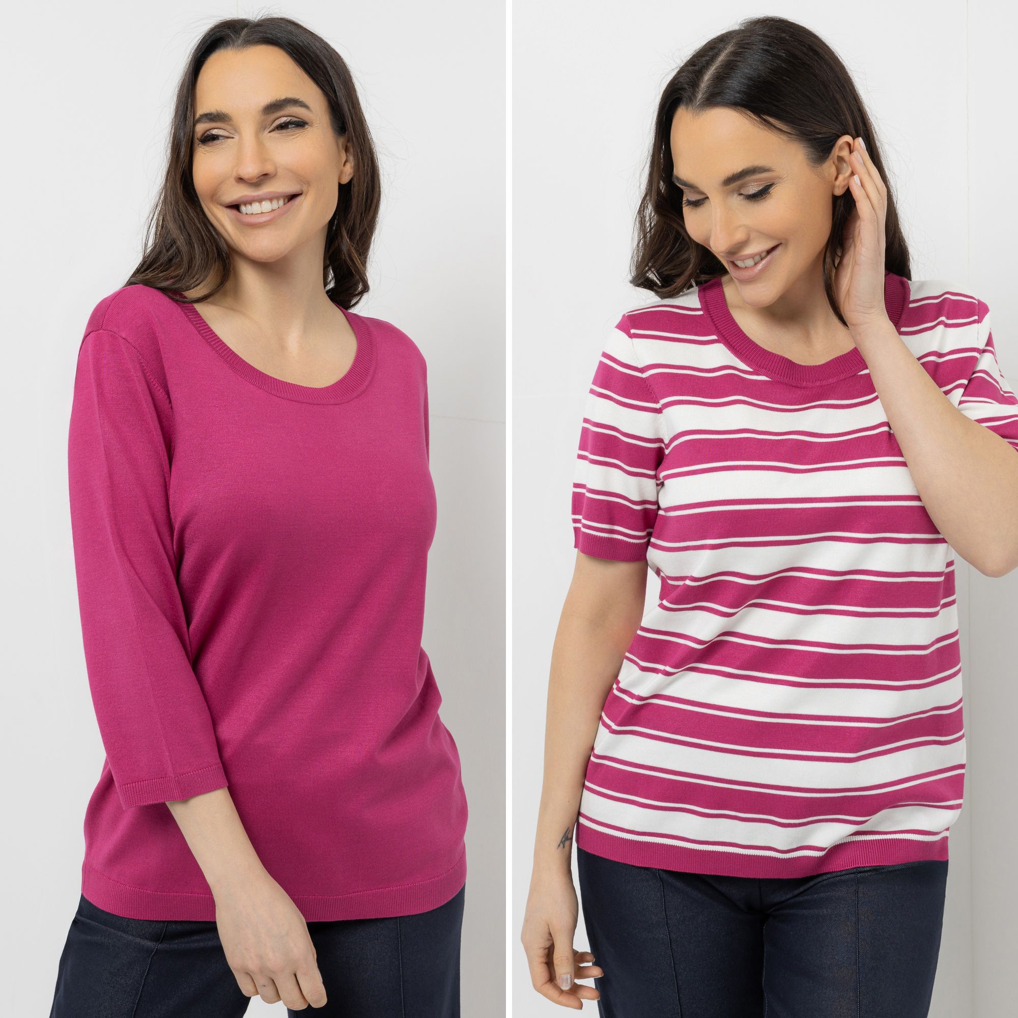 DENIM & CO. Doppelpack Pullover 3/4-Arm & 1/2-Arm uni & gestreift figurumspielend