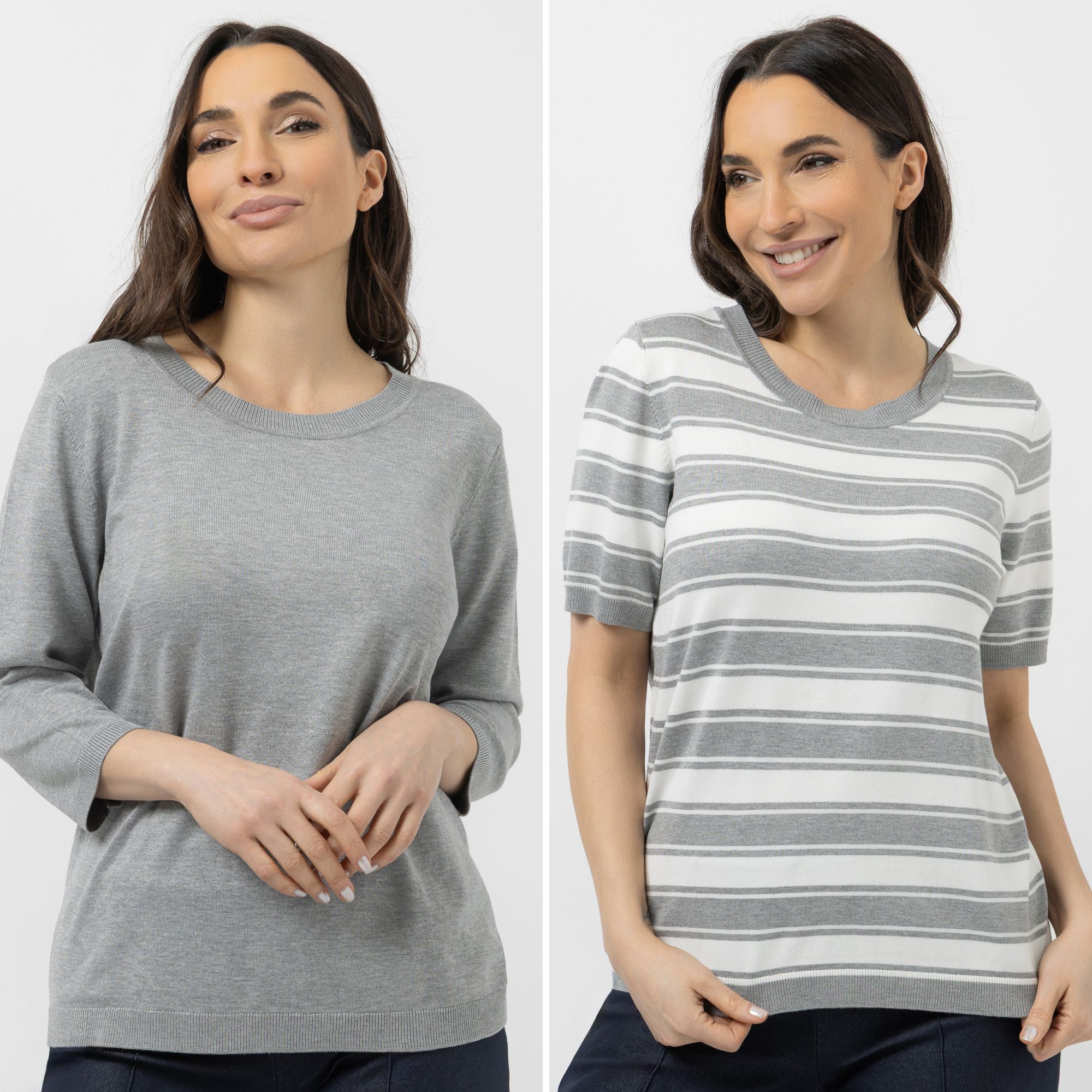 DENIM & CO. Doppelpack Pullover 3/4-Arm & 1/2-Arm uni & gestreift figurumspielend