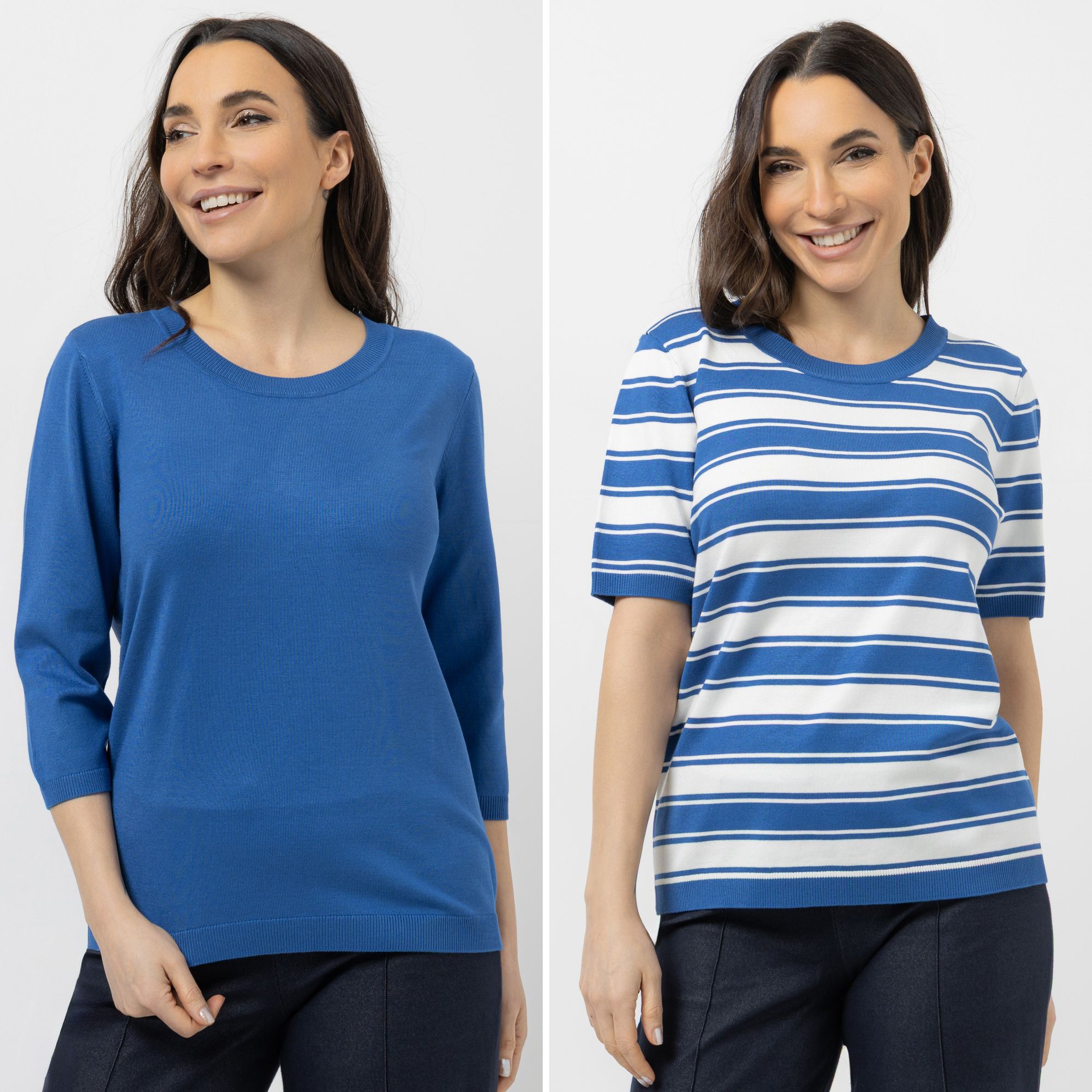 DENIM & CO. Doppelpack Pullover 3/4-Arm & 1/2-Arm uni & gestreift figurumspielend