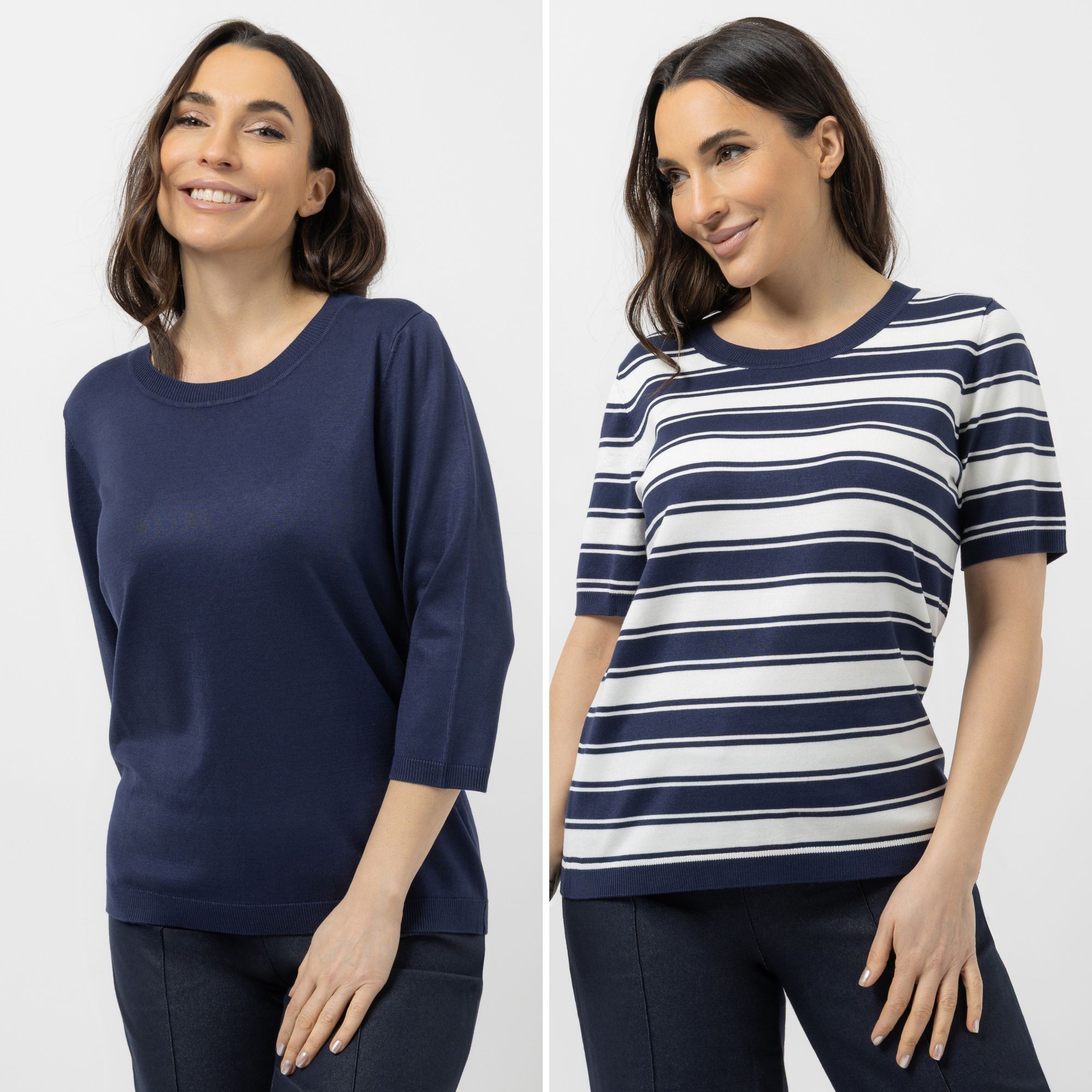 DENIM & CO. Doppelpack Pullover 3/4-Arm & 1/2-Arm uni & gestreift figurumspielend