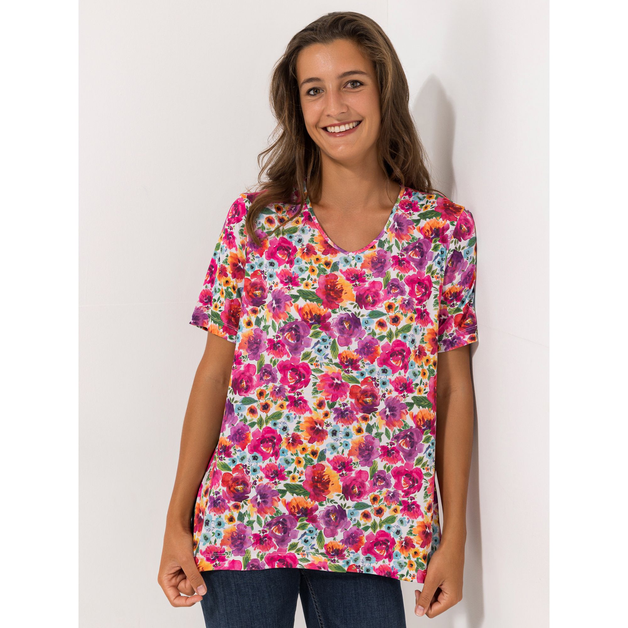 IN-PRINT Shirt, 1/2-Arm V-Ausschnitt Seitenschlitze Blumendruck