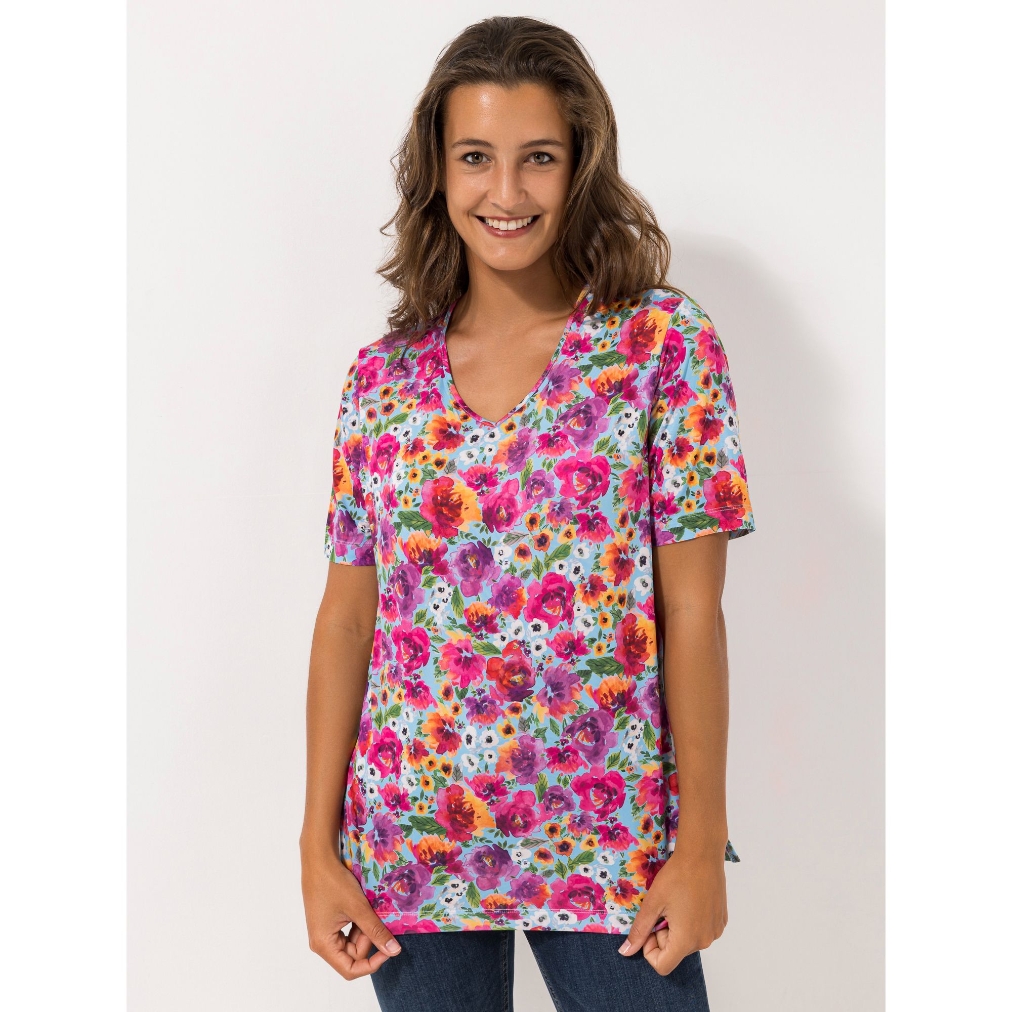 IN-PRINT Shirt, 1/2-Arm V-Ausschnitt Seitenschlitze Blumendruck