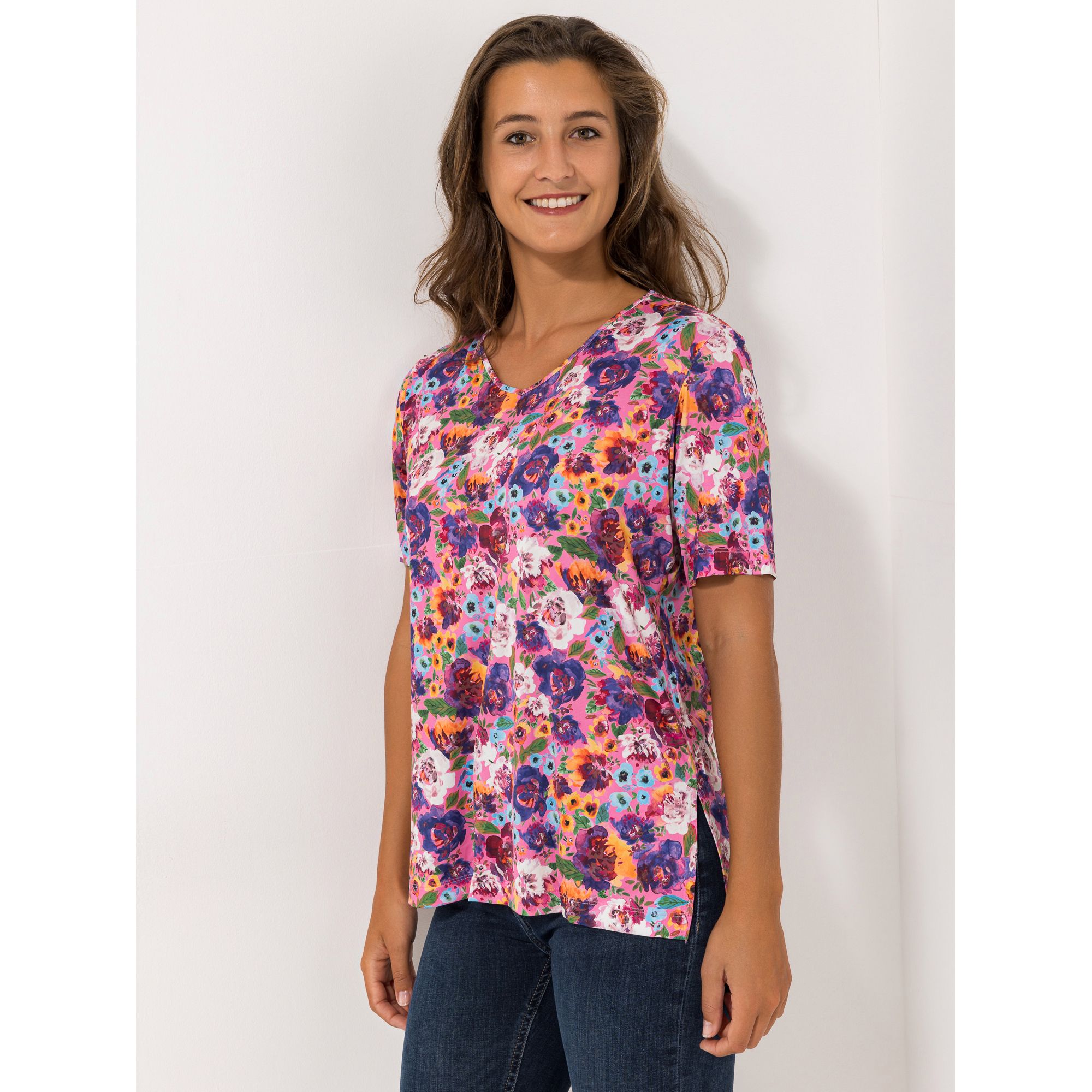 IN-PRINT Shirt, 1/2-Arm V-Ausschnitt Seitenschlitze Blumendruck