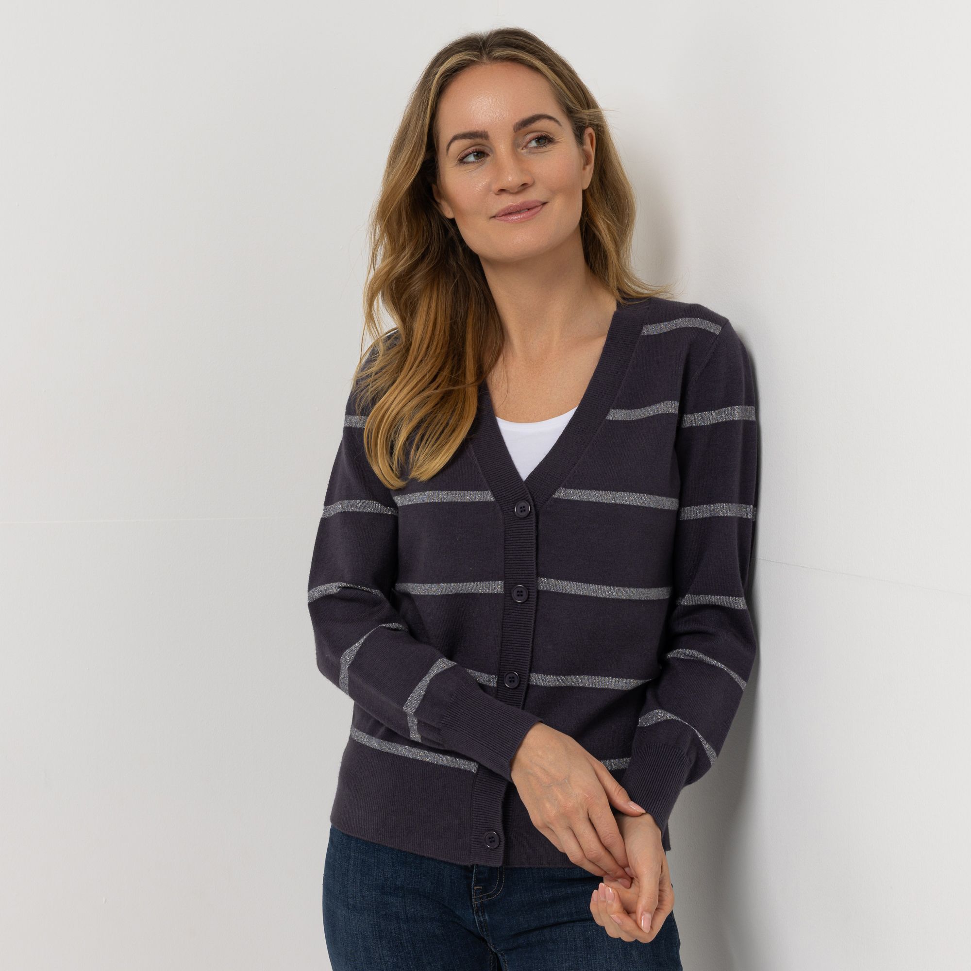 VIA MILANO Strickjacke, 1/1-Arm Glanzgarn V-Ausschnitt figurumspielend