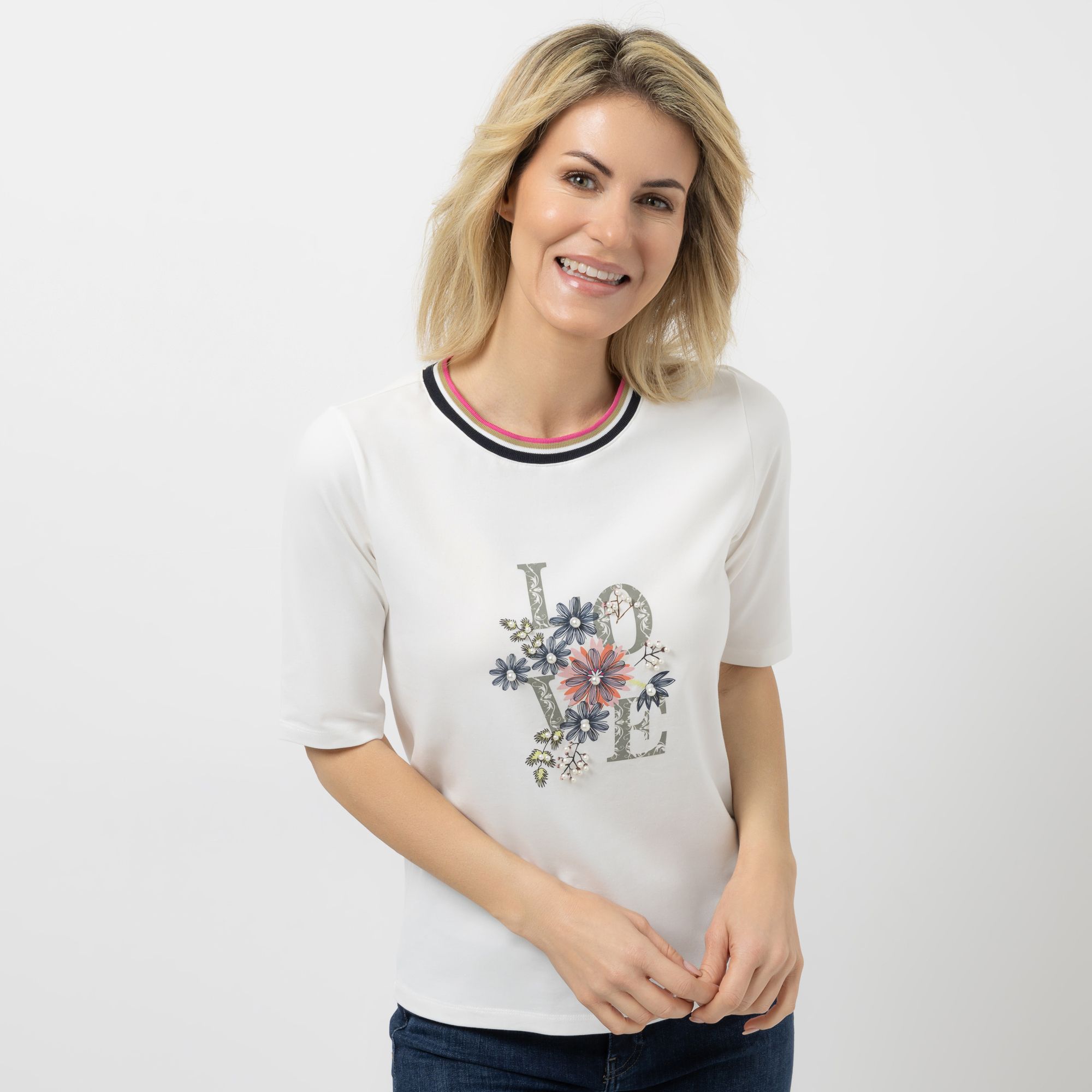 AMINATI® Shirt, 1/2-Arm Rundhalsausschnitt platzierter Druck Perlen-Details