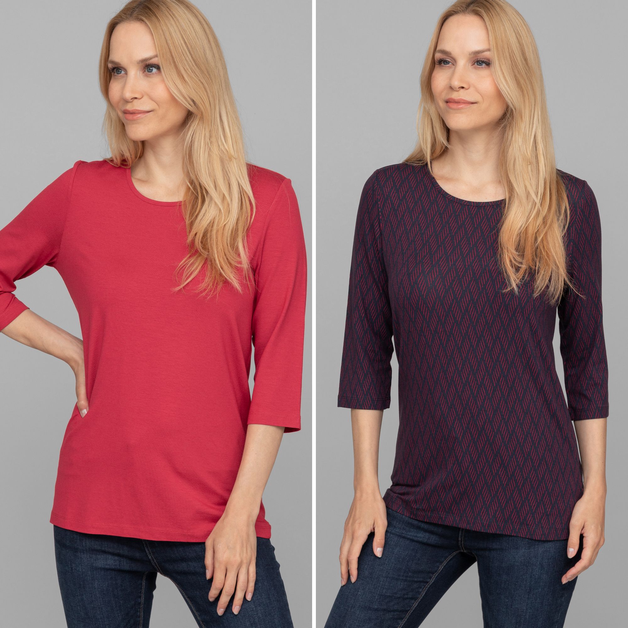 DENIM & CO. 2 Shirts 3/4-Arm Rundhalsausschnitt uni und bedruckt