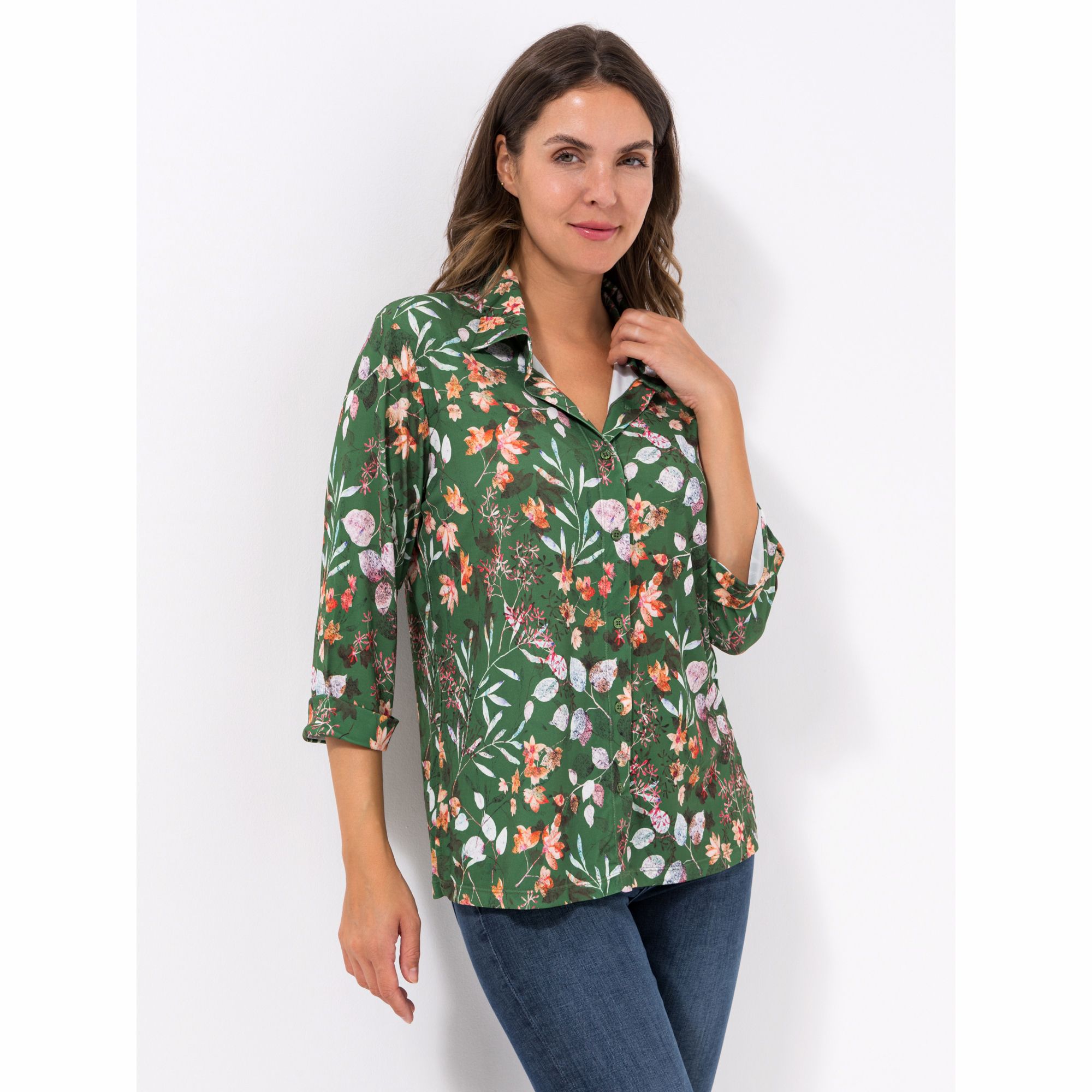 IN-PRINT Bluse, 3/4-Arm Hemdkragen Knopfleiste floraler Druck