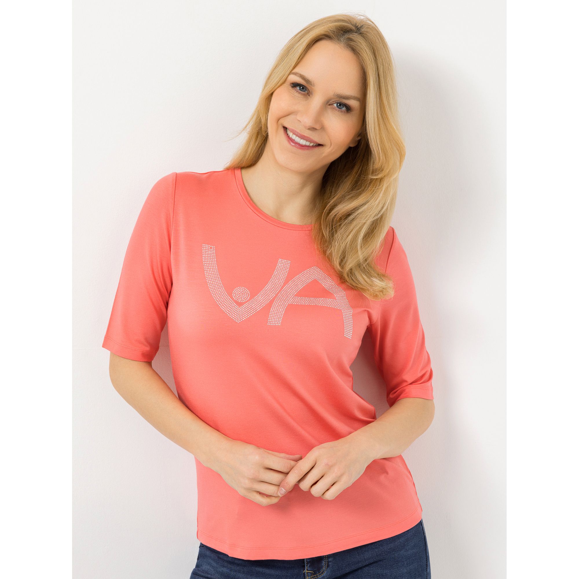 VIA MILANO Shirt, 1/2-Arm Rundhalsausschnitt Strass-Details figurumspielend