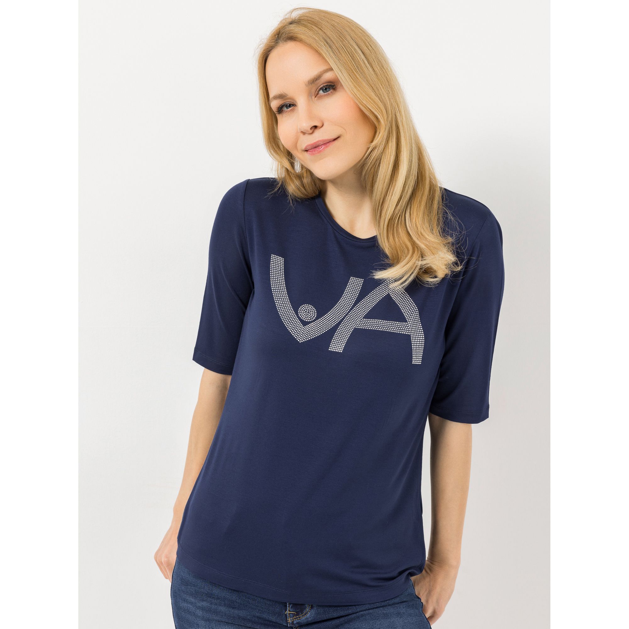 VIA MILANO Shirt, 1/2-Arm Rundhalsausschnitt Strass-Details figurumspielend