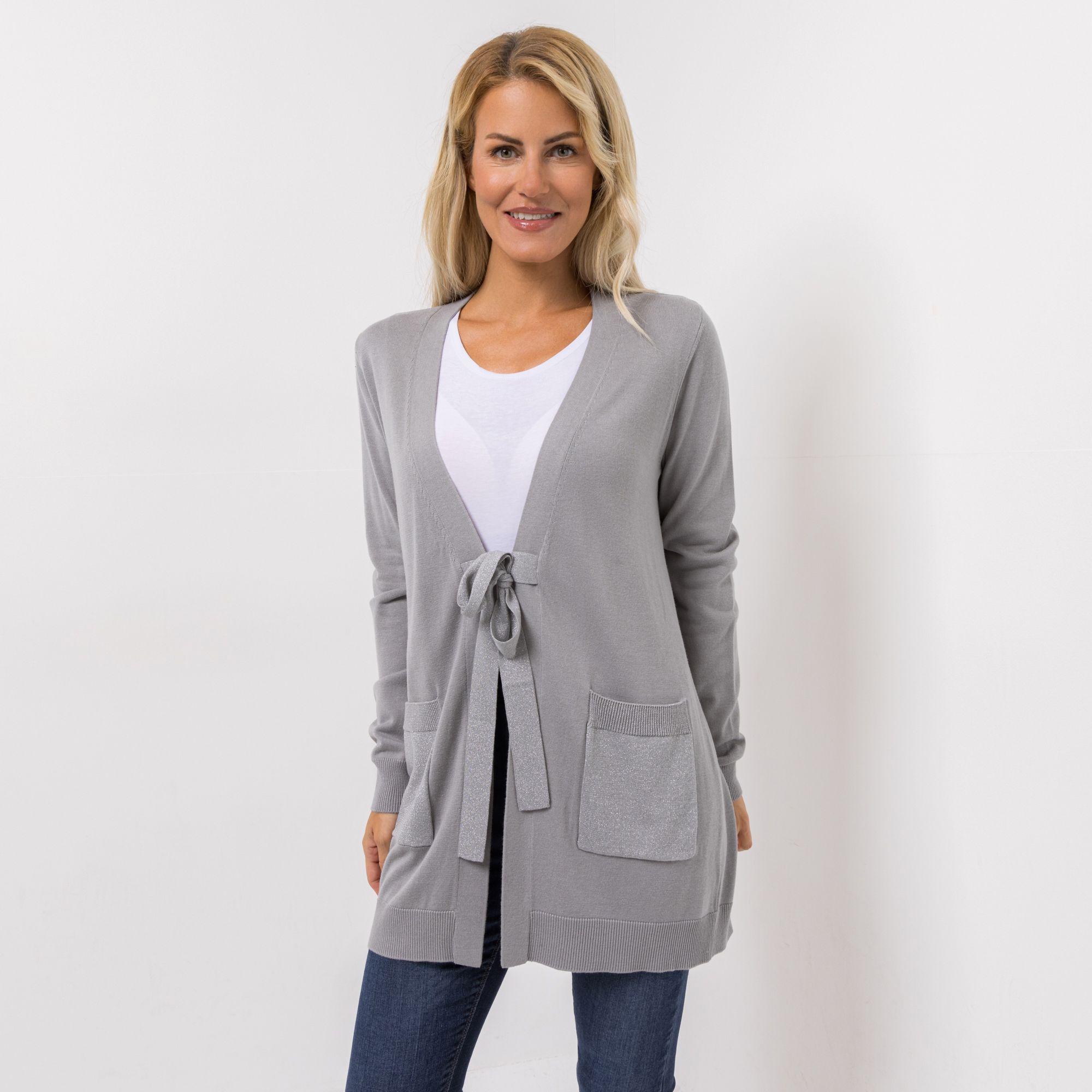 VIA MILANO Longcardigan, 1/1-Arm offene Front mit Bindeband Glanzgarn